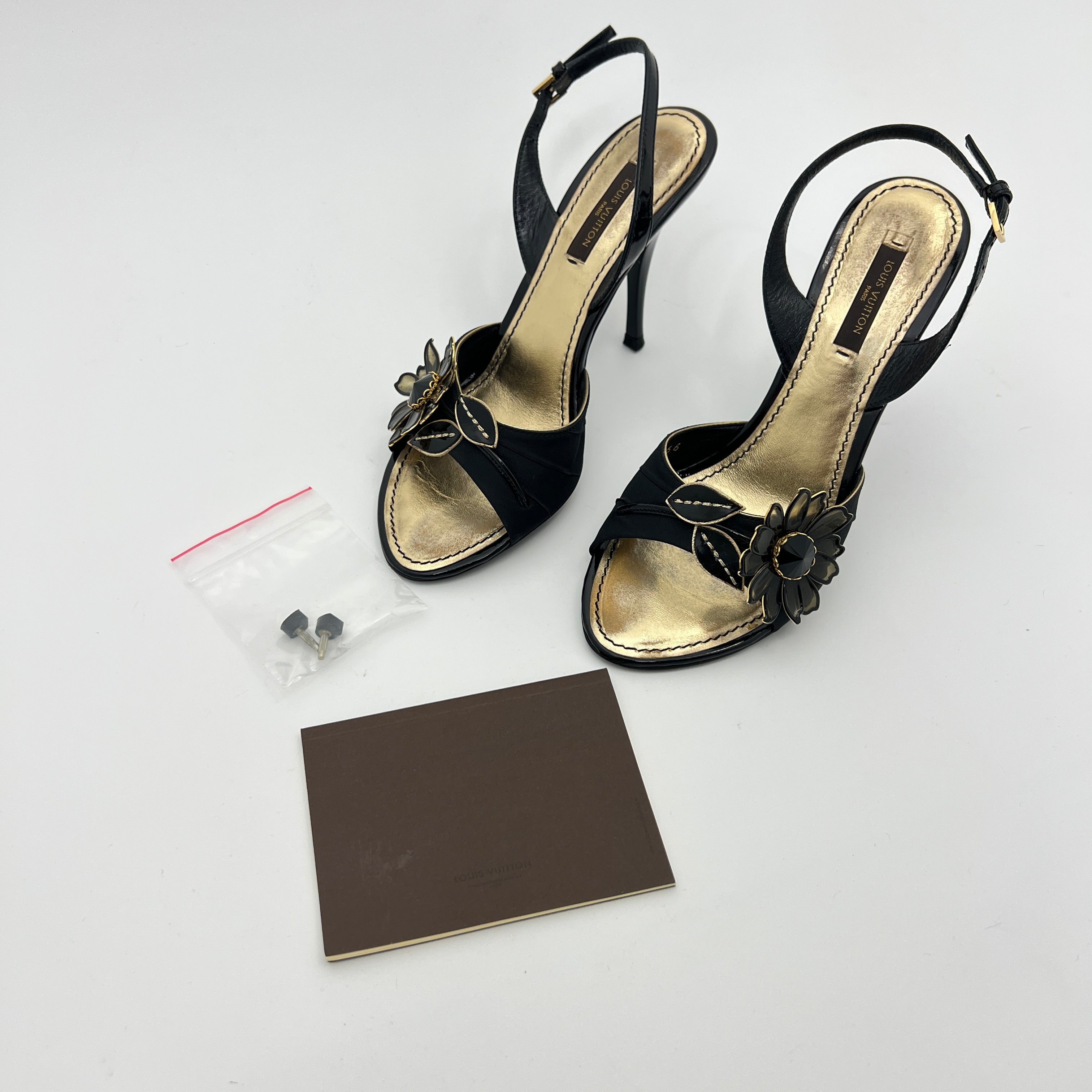 Louis Vuitton | Black Flower Leather Gold Slingback Stiletto Heels (36.5)