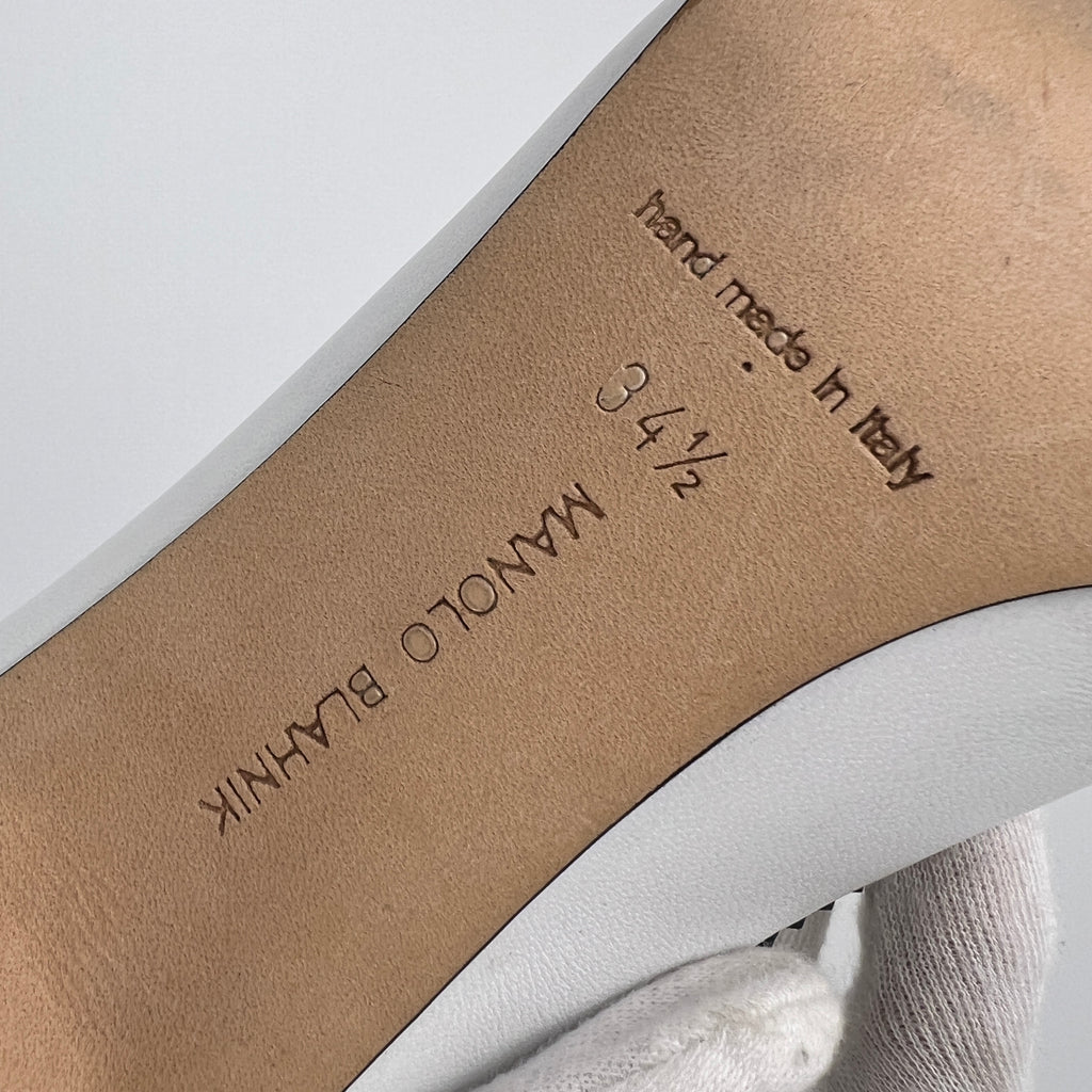 Manolo Blahnik | White Black Leather Brogue Trim Buckle Strap Pumps (34.5)