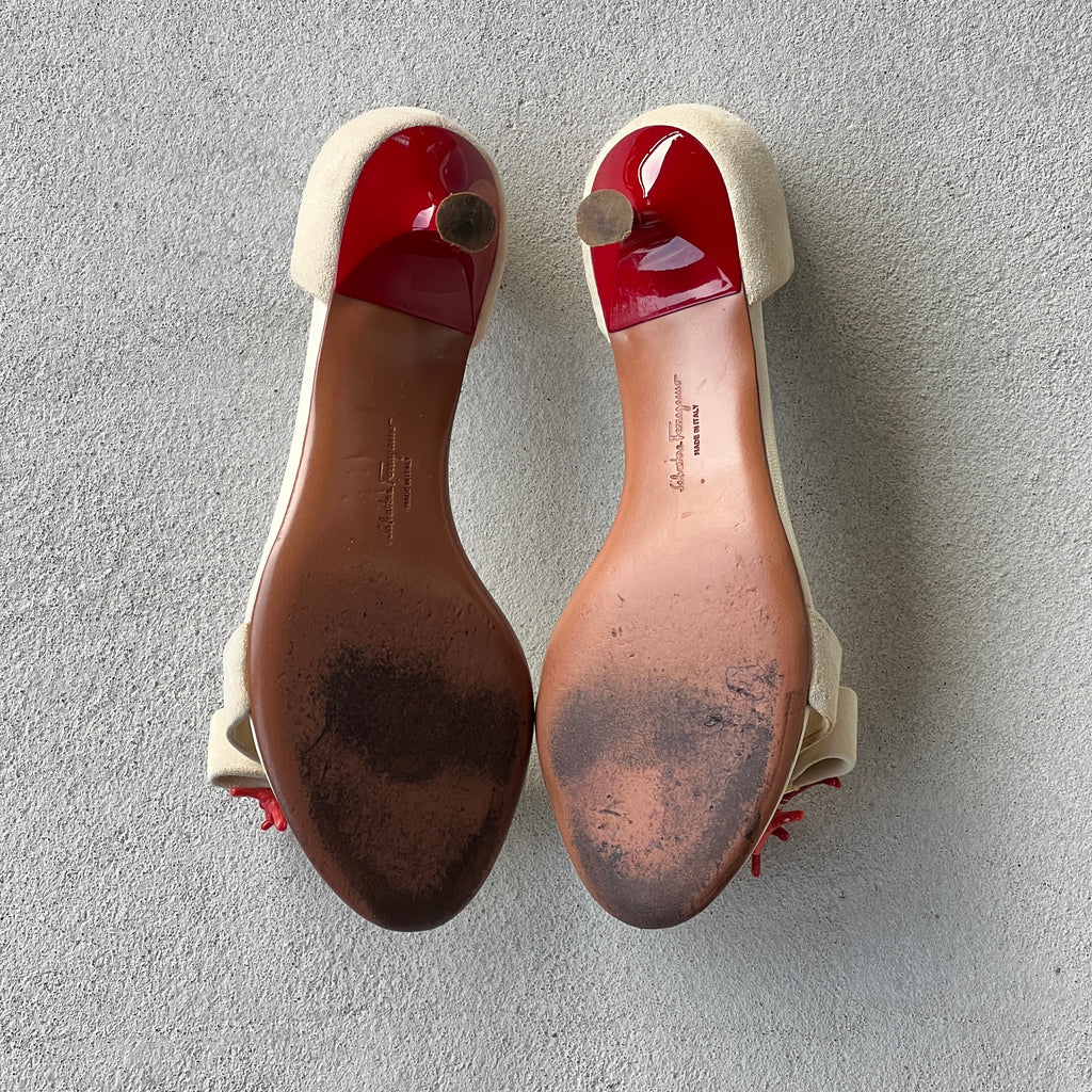 Ferragamo | Red Coral White Suede Leather Thong Sandal Kitten Heel (6, 36)