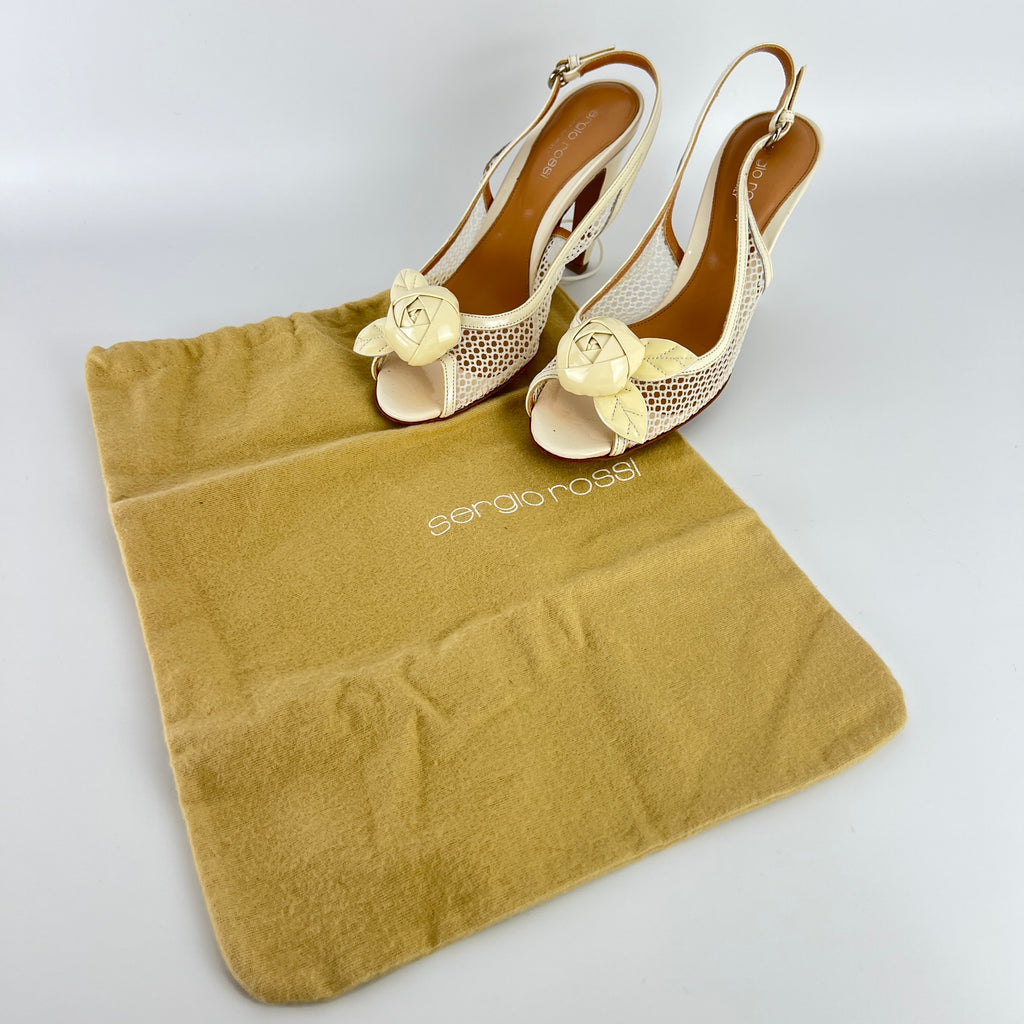 Sergio Rossi | White Beige Leather Flower Net Slingback Peep Toe Heels (34.5)