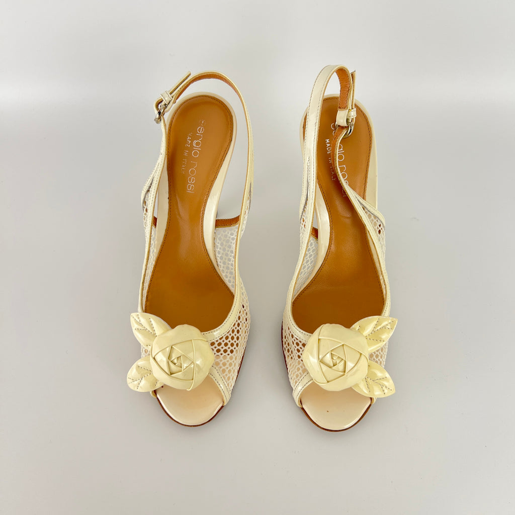 Sergio Rossi | White Beige Leather Flower Net Slingback Peep Toe Heels (34.5)