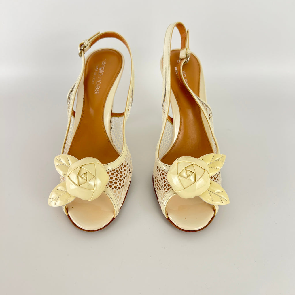 Sergio Rossi | White Beige Leather Flower Net Slingback Peep Toe Heels (34.5)