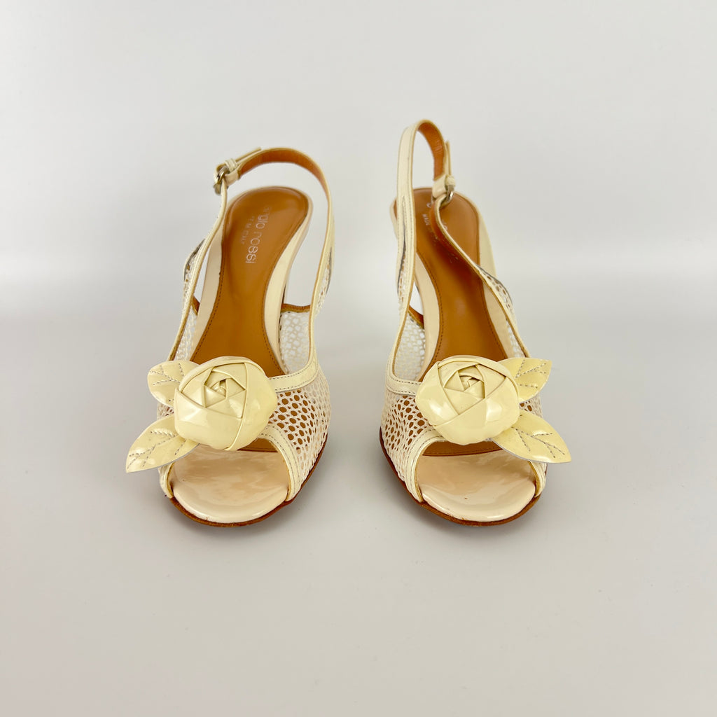 Sergio Rossi | White Beige Leather Flower Net Slingback Peep Toe Heels (34.5)