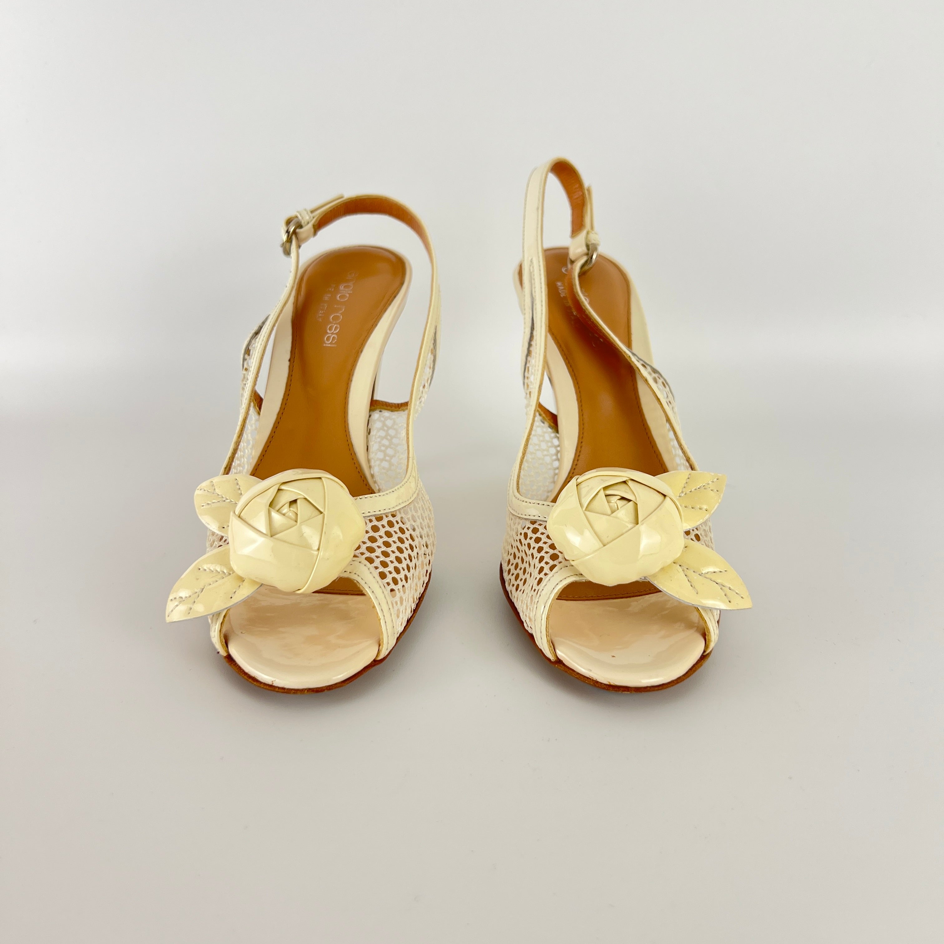 Sergio Rossi | White Beige Leather Flower Net Slingback Peep Toe Heels (34.5)