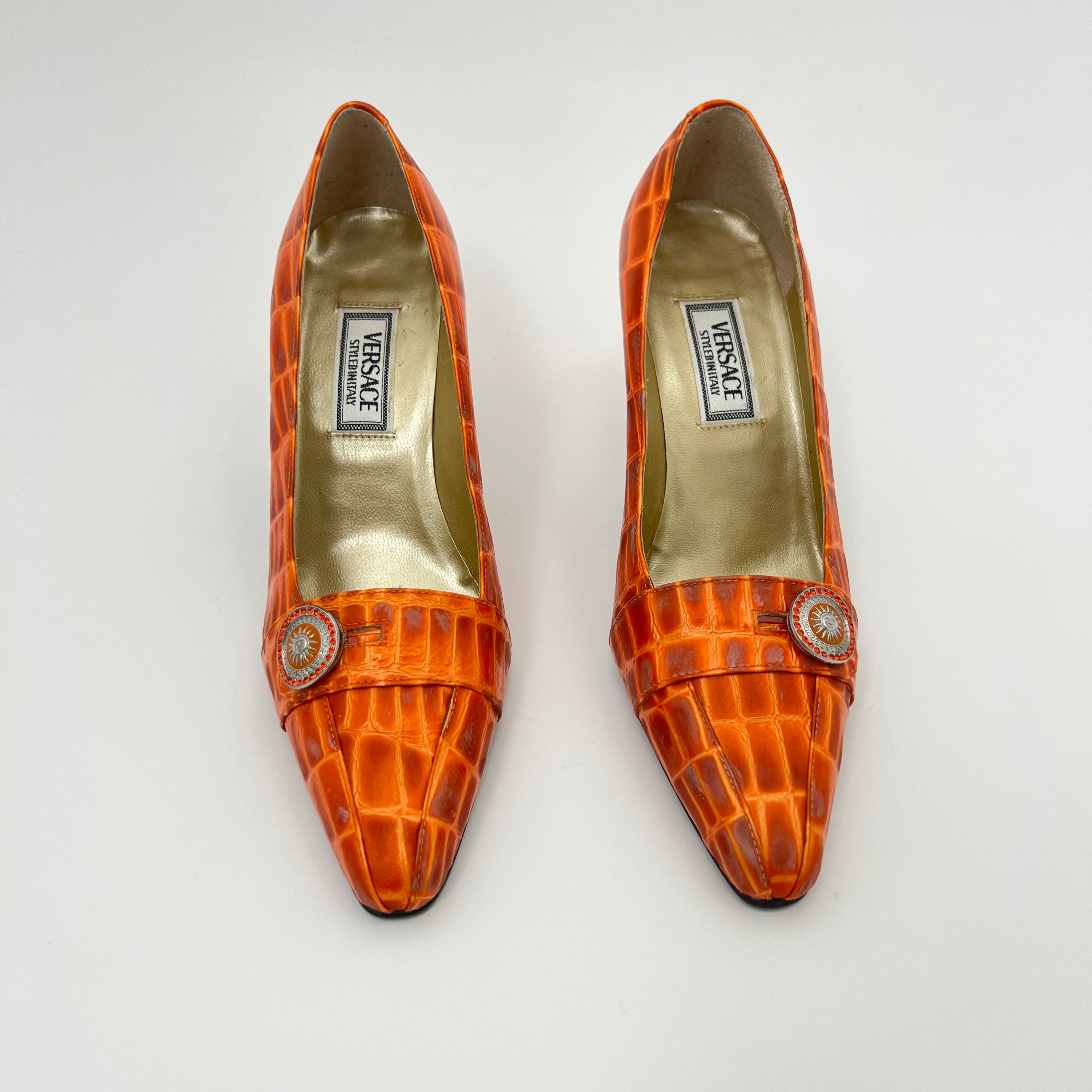 Versace | Vintage Orange Exotic Leather Sun Dial Rhinestone Pumps (36)