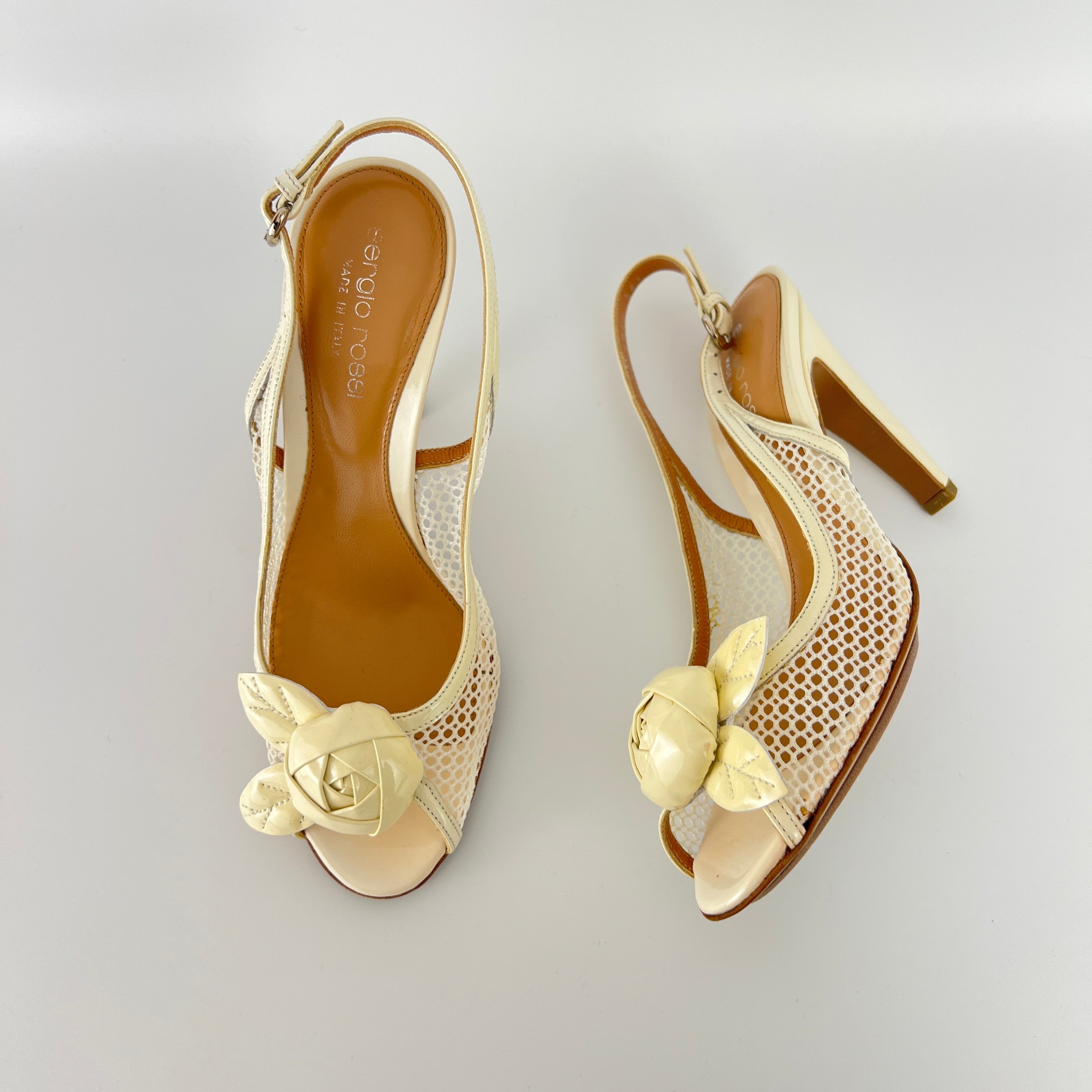 Sergio Rossi | White Beige Leather Flower Net Slingback Peep Toe Heels (34.5)