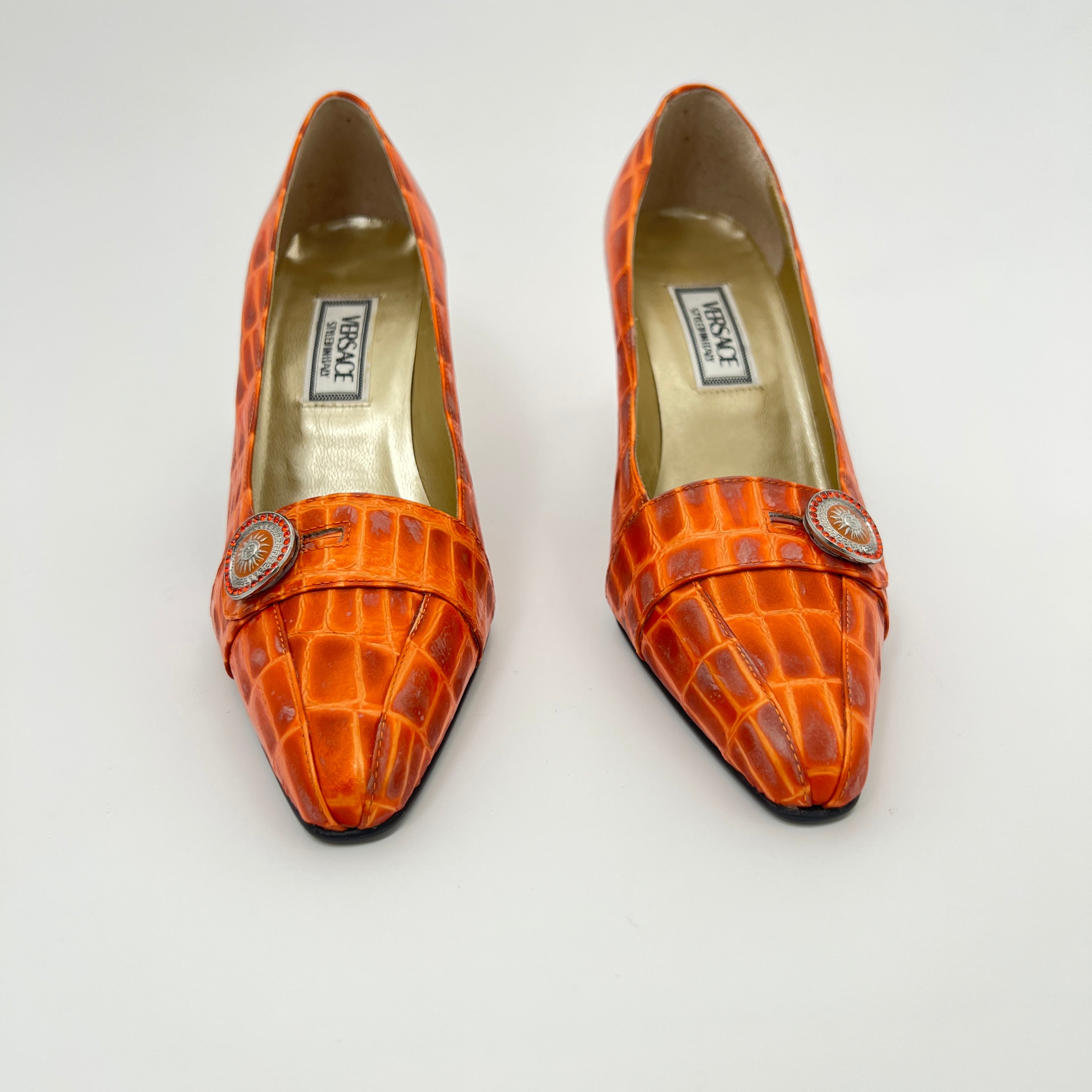 Versace | Vintage Orange Exotic Leather Sun Dial Rhinestone Pumps (36)