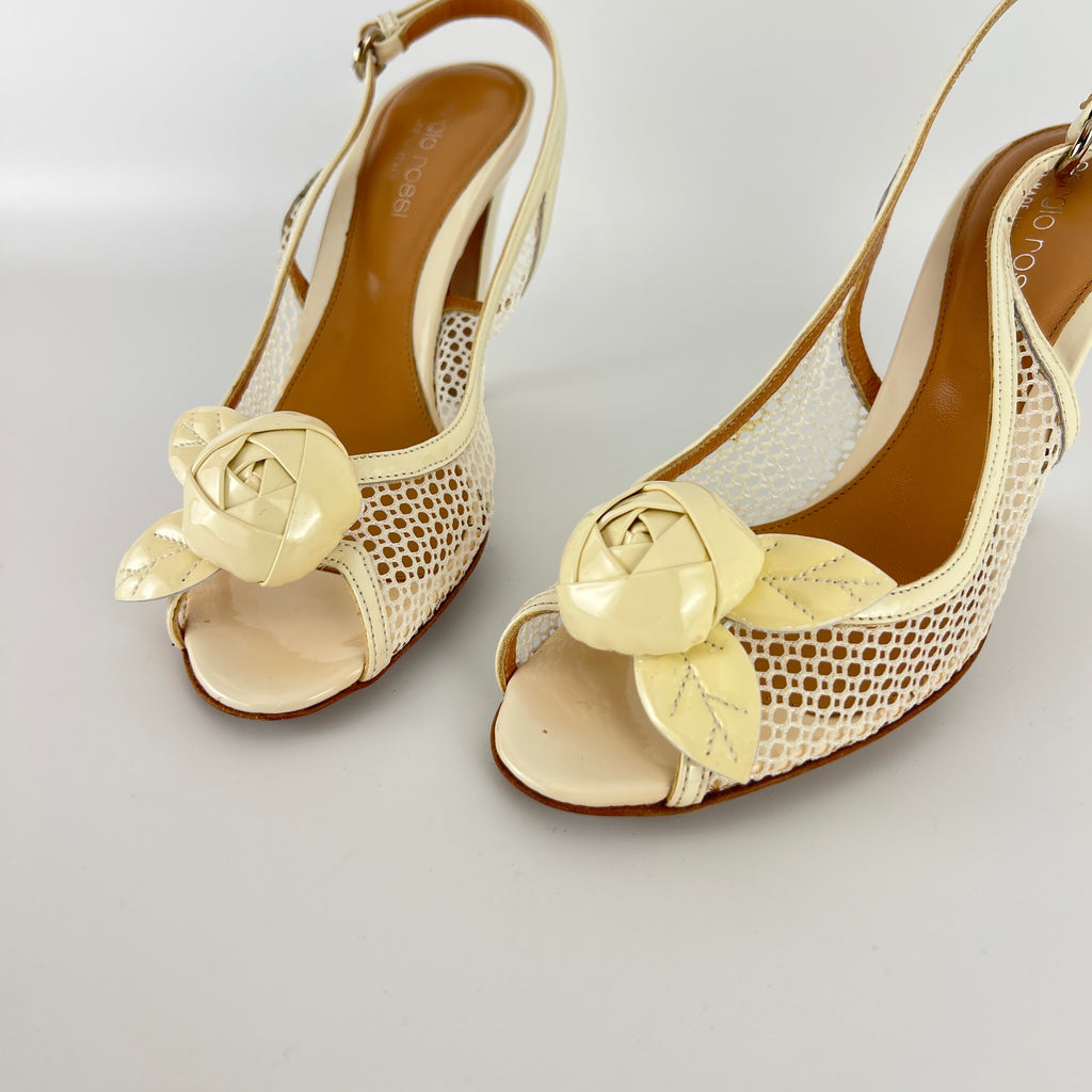 Sergio Rossi | White Beige Leather Flower Net Slingback Peep Toe Heels (34.5)