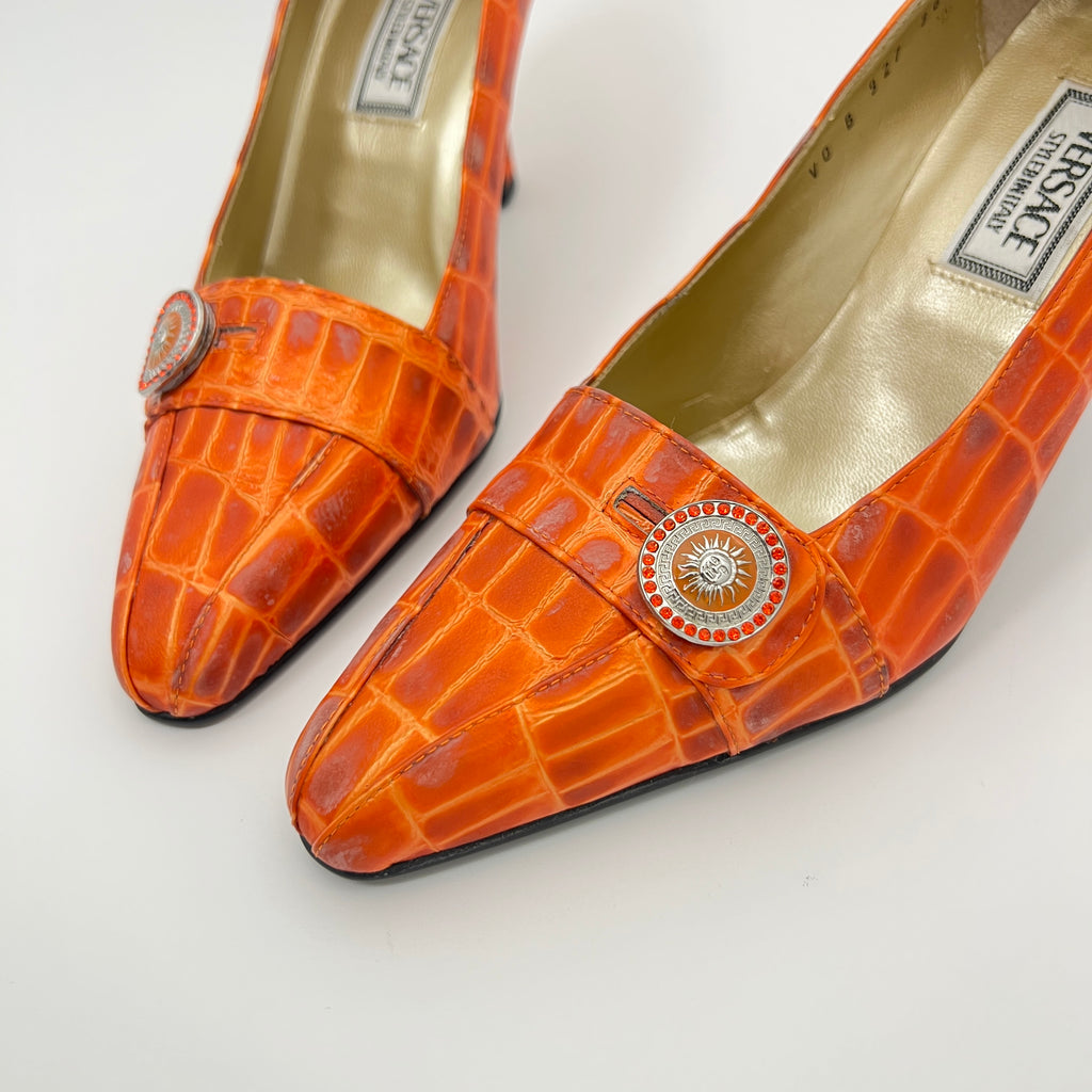 Versace | Vintage Orange Exotic Leather Sun Dial Rhinestone Pumps (36)