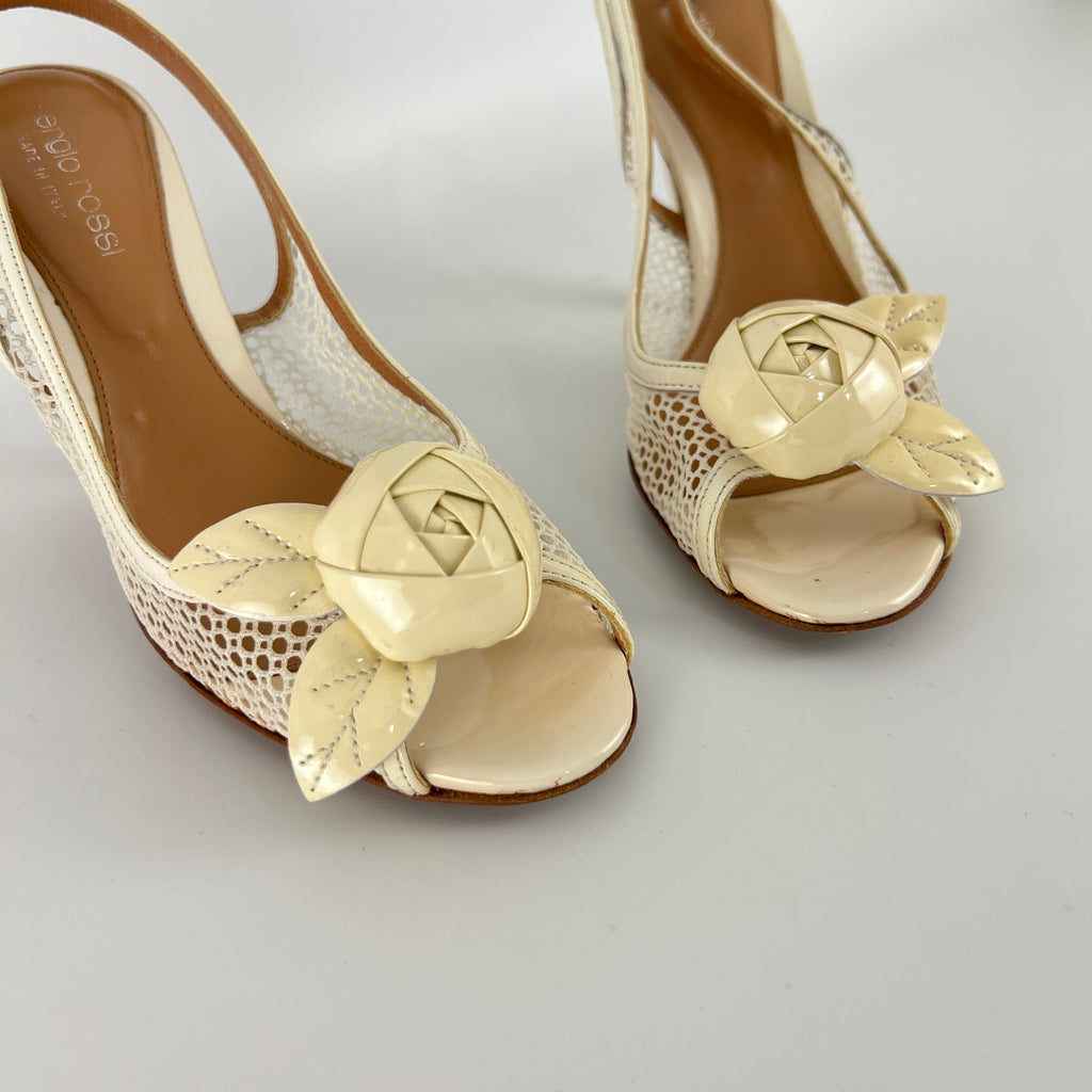 Sergio Rossi | White Beige Leather Flower Net Slingback Peep Toe Heels (34.5)