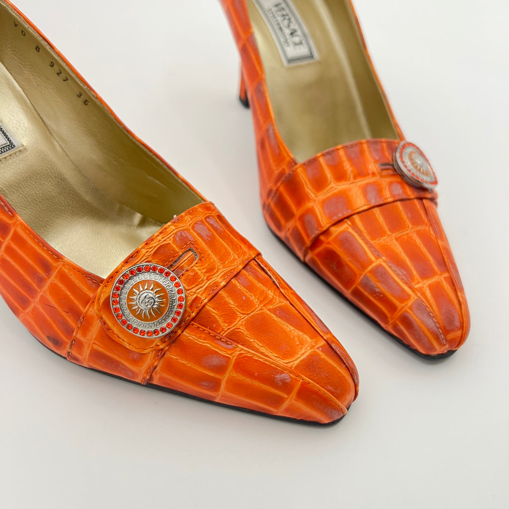 Versace | Vintage Orange Exotic Leather Sun Dial Rhinestone Pumps (36)