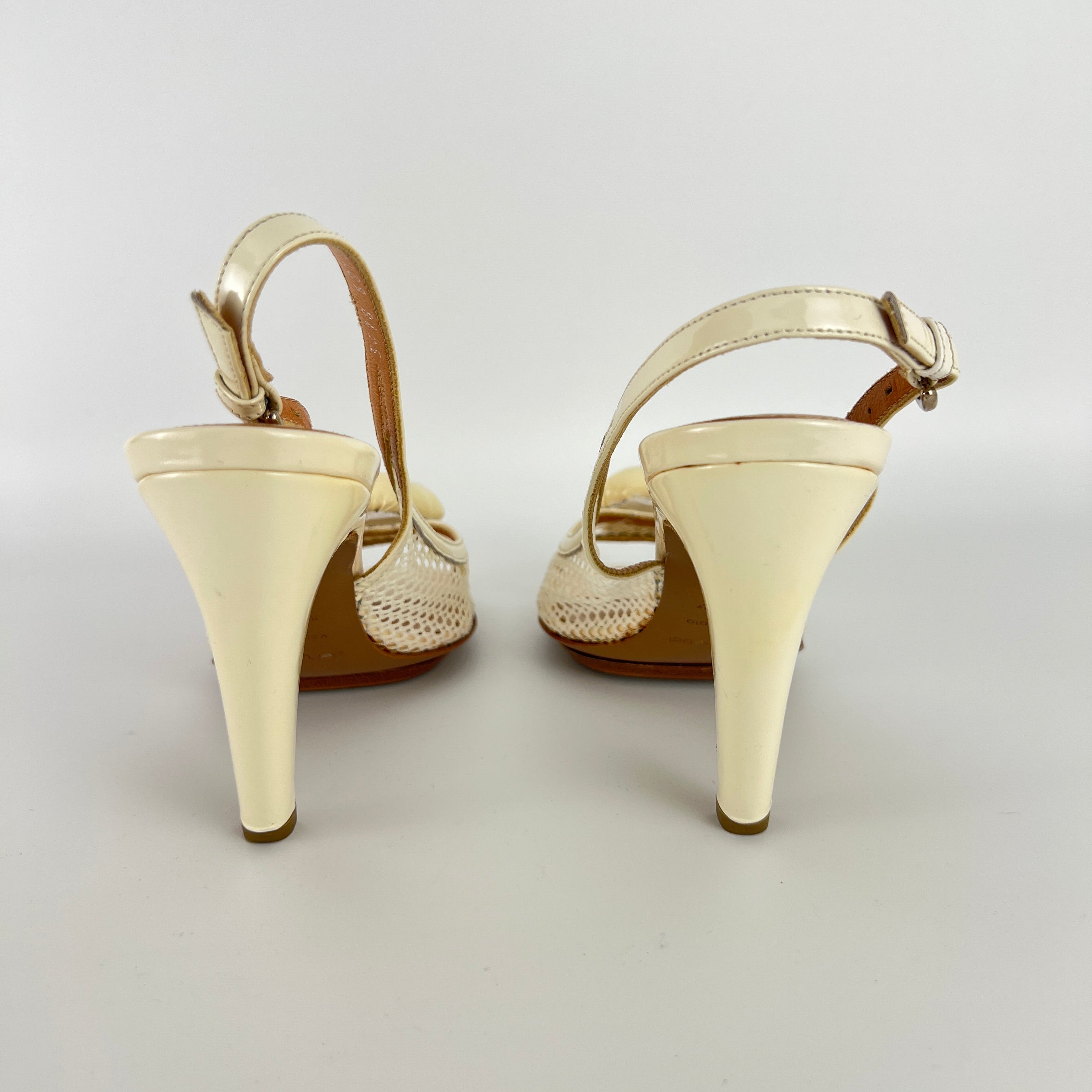 Sergio Rossi | White Beige Leather Flower Net Slingback Peep Toe Heels (34.5)