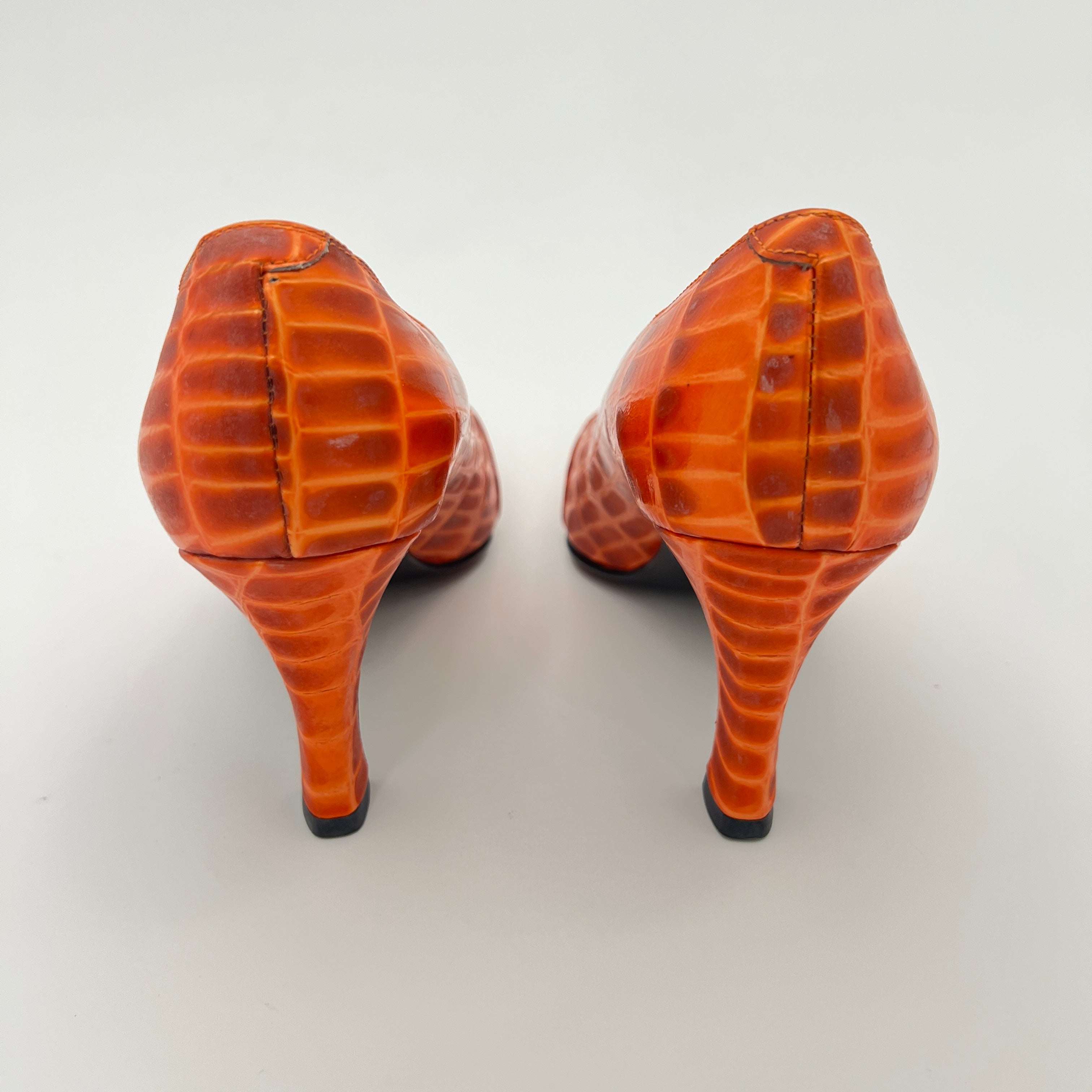 Versace | Vintage Orange Exotic Leather Sun Dial Rhinestone Pumps (36)
