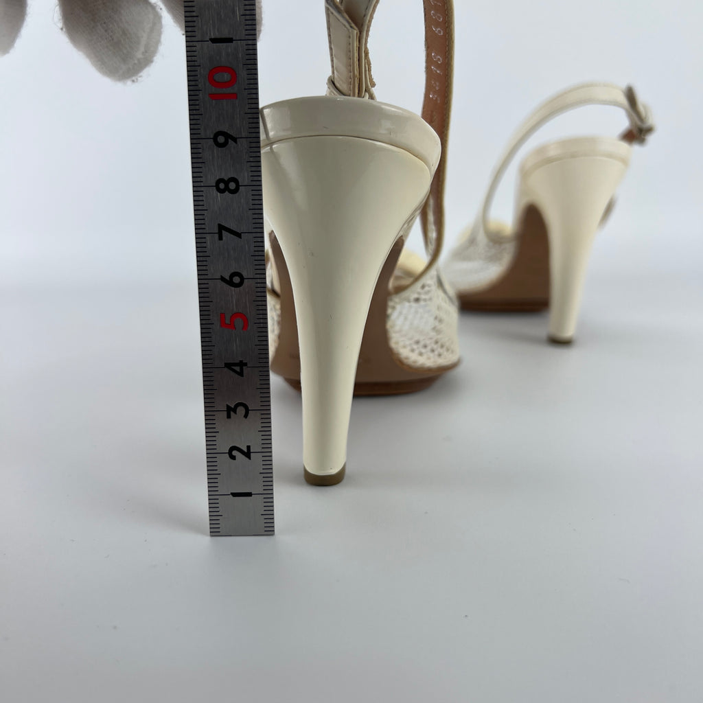 Sergio Rossi | White Beige Leather Flower Net Slingback Peep Toe Heels (34.5)