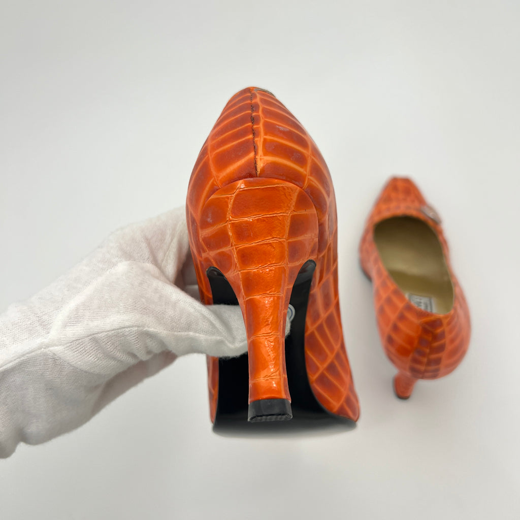 Versace | Vintage Orange Exotic Leather Sun Dial Rhinestone Pumps (36)