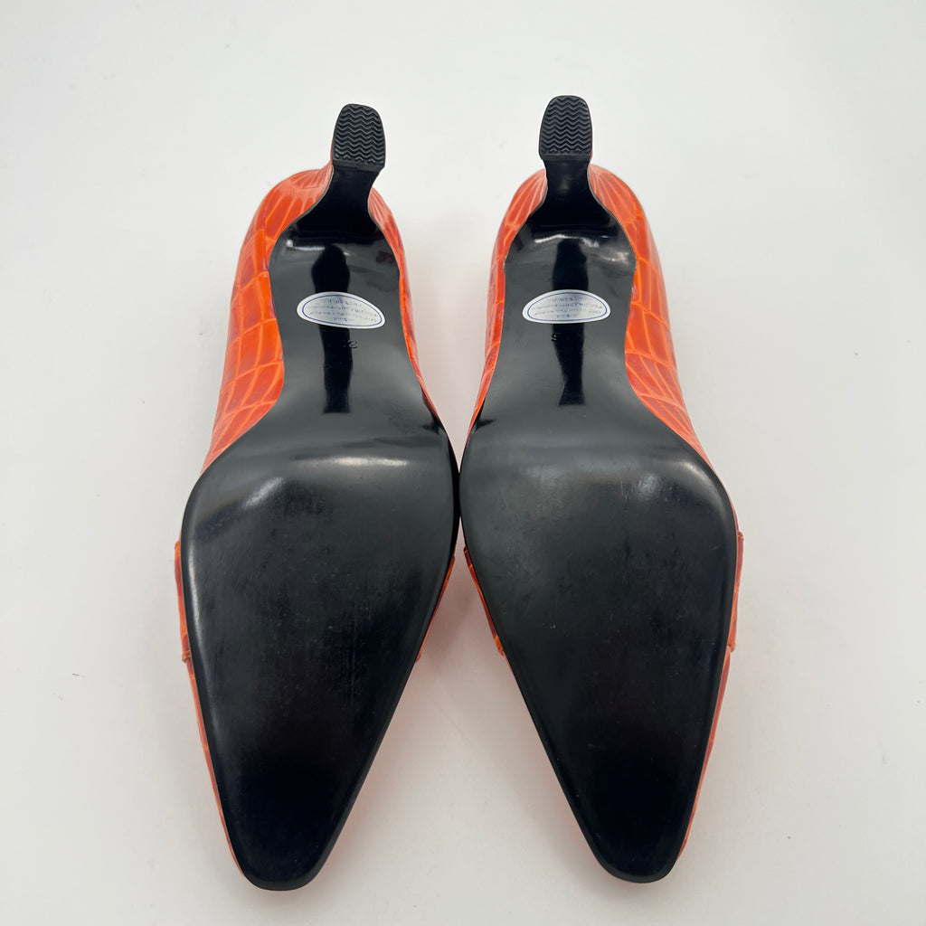 Versace | Vintage Orange Exotic Leather Sun Dial Rhinestone Pumps (36)