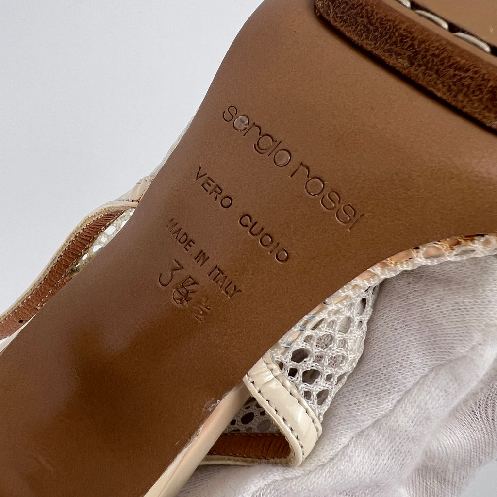 Sergio Rossi | White Beige Leather Flower Net Slingback Peep Toe Heels (34.5)