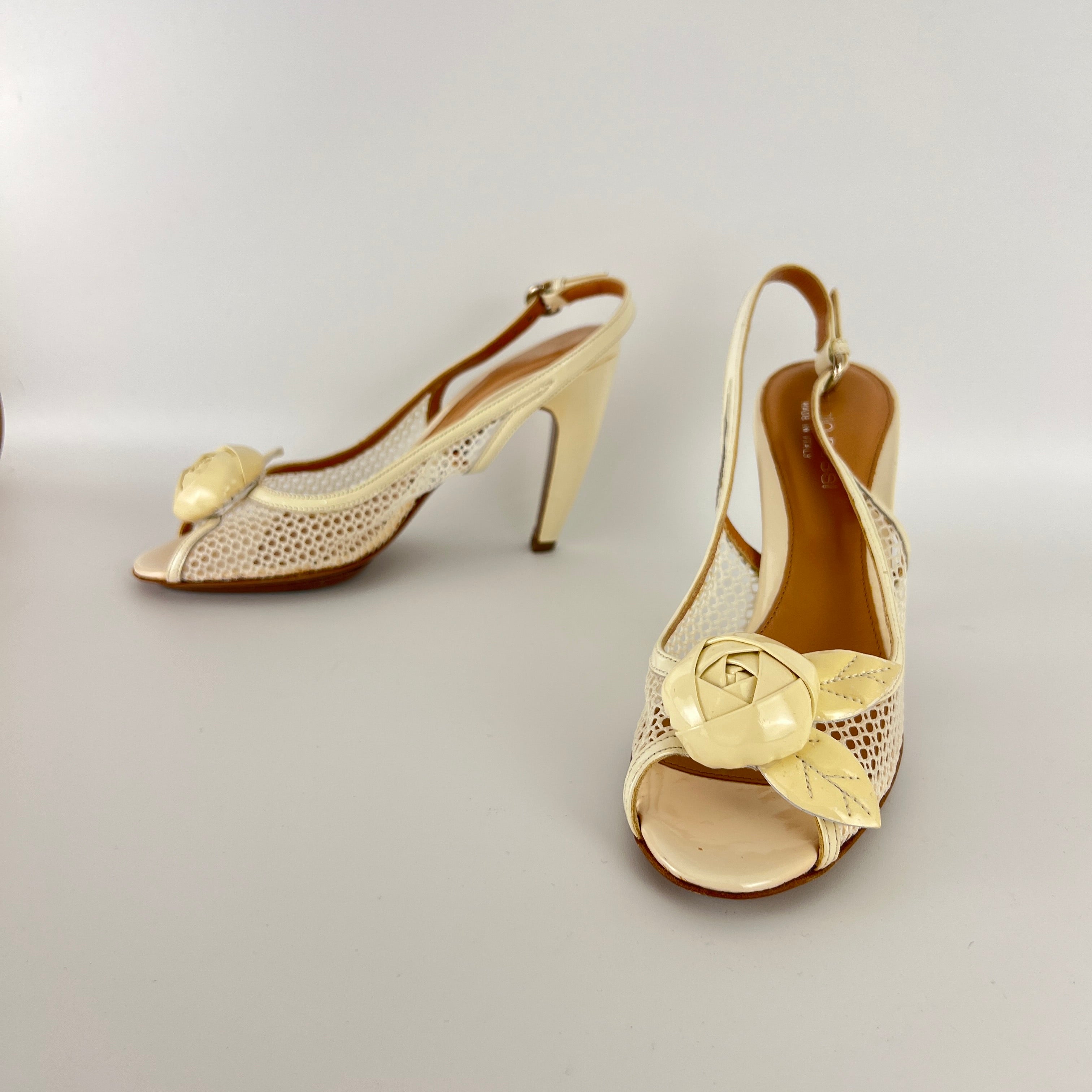 Sergio Rossi | White Beige Leather Flower Net Slingback Peep Toe Heels (34.5)