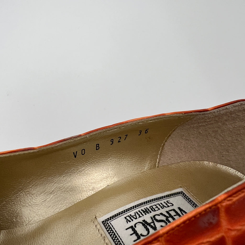 Versace | Vintage Orange Exotic Leather Sun Dial Rhinestone Pumps (36)