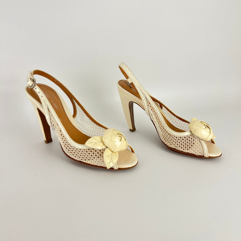 Sergio Rossi | White Beige Leather Flower Net Slingback Peep Toe Heels (34.5)