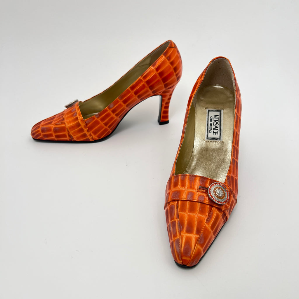Versace | Vintage Orange Exotic Leather Sun Dial Rhinestone Pumps (36)