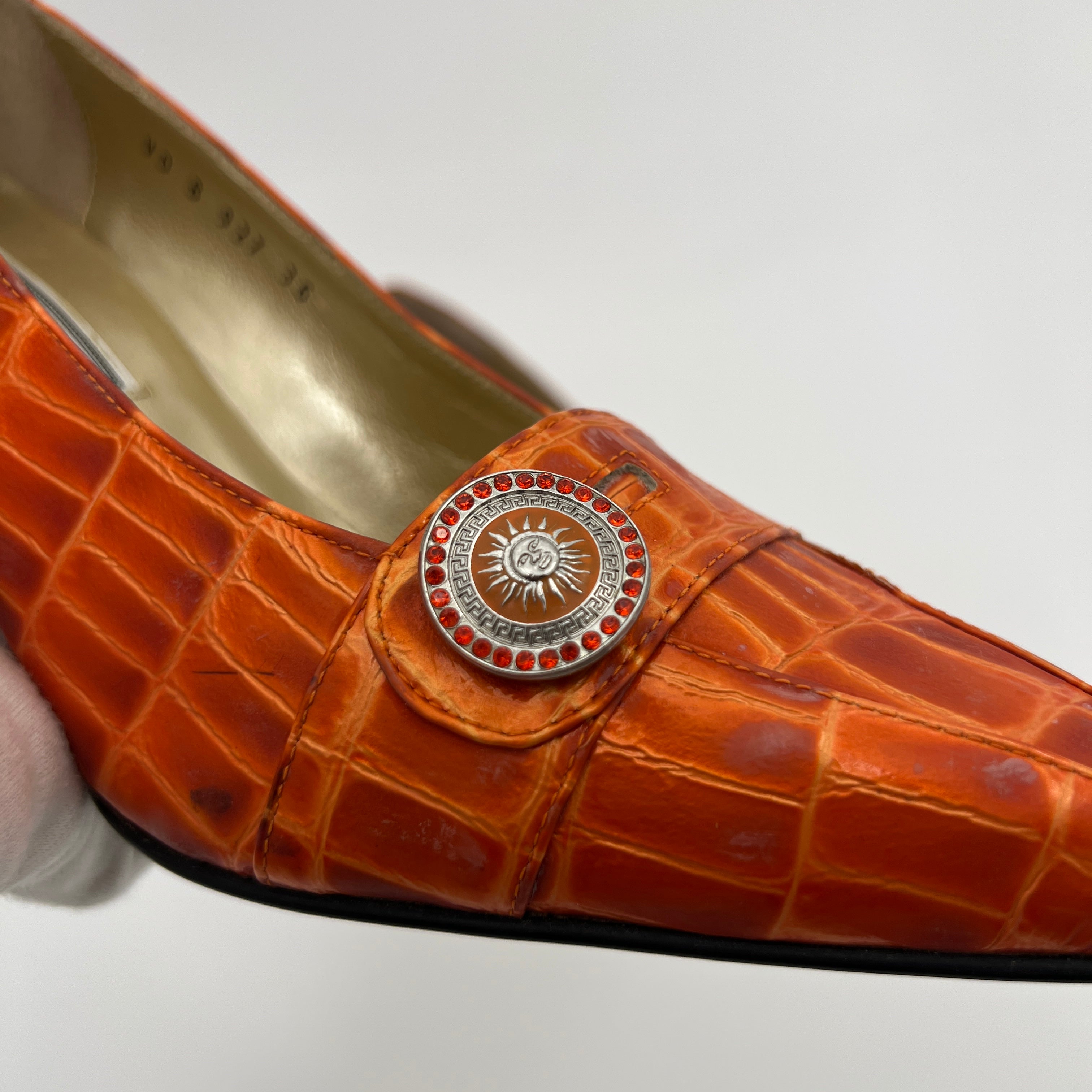 Versace | Vintage Orange Exotic Leather Sun Dial Rhinestone Pumps (36)