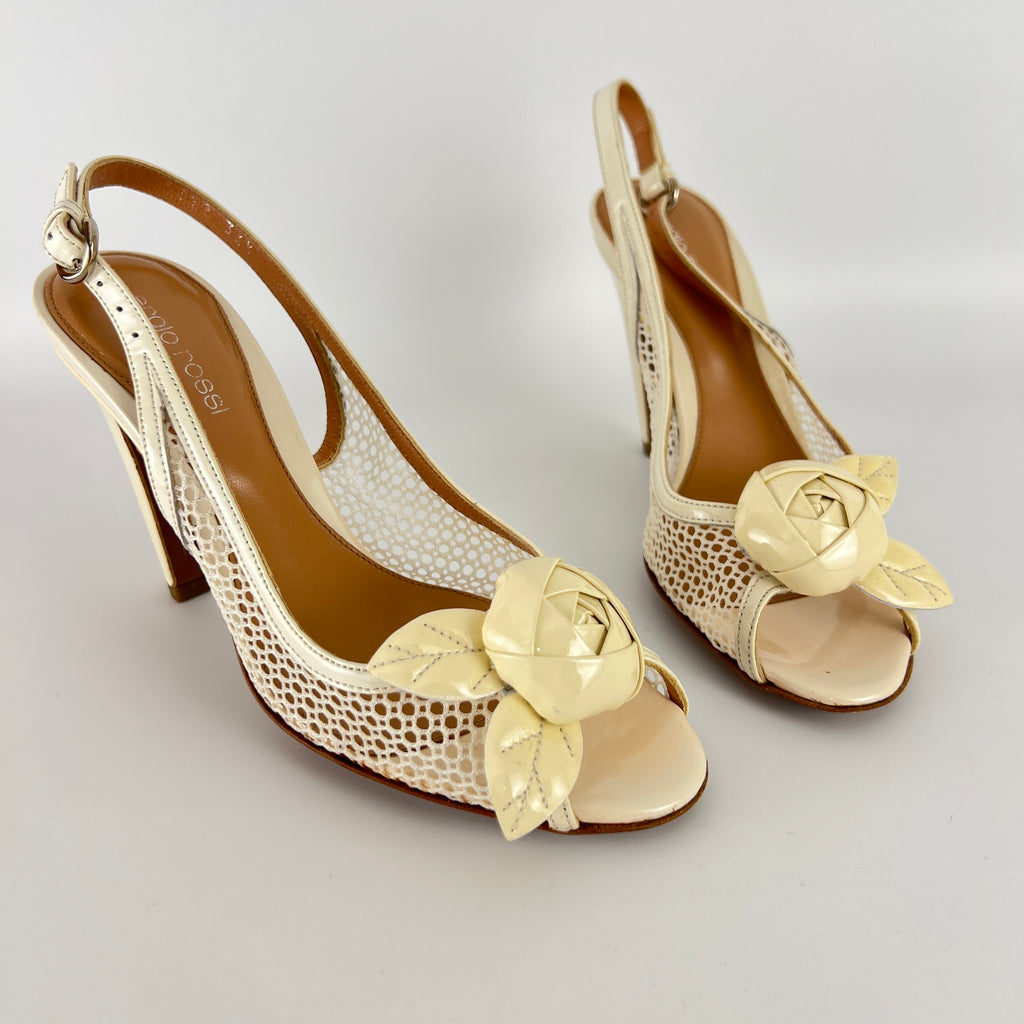 Sergio Rossi | White Beige Leather Flower Net Slingback Peep Toe Heels (34.5)