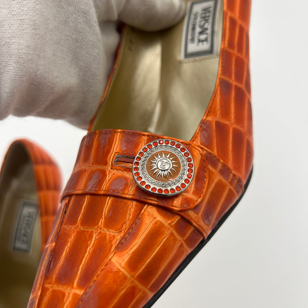 Versace | Vintage Orange Exotic Leather Sun Dial Rhinestone Pumps (36)