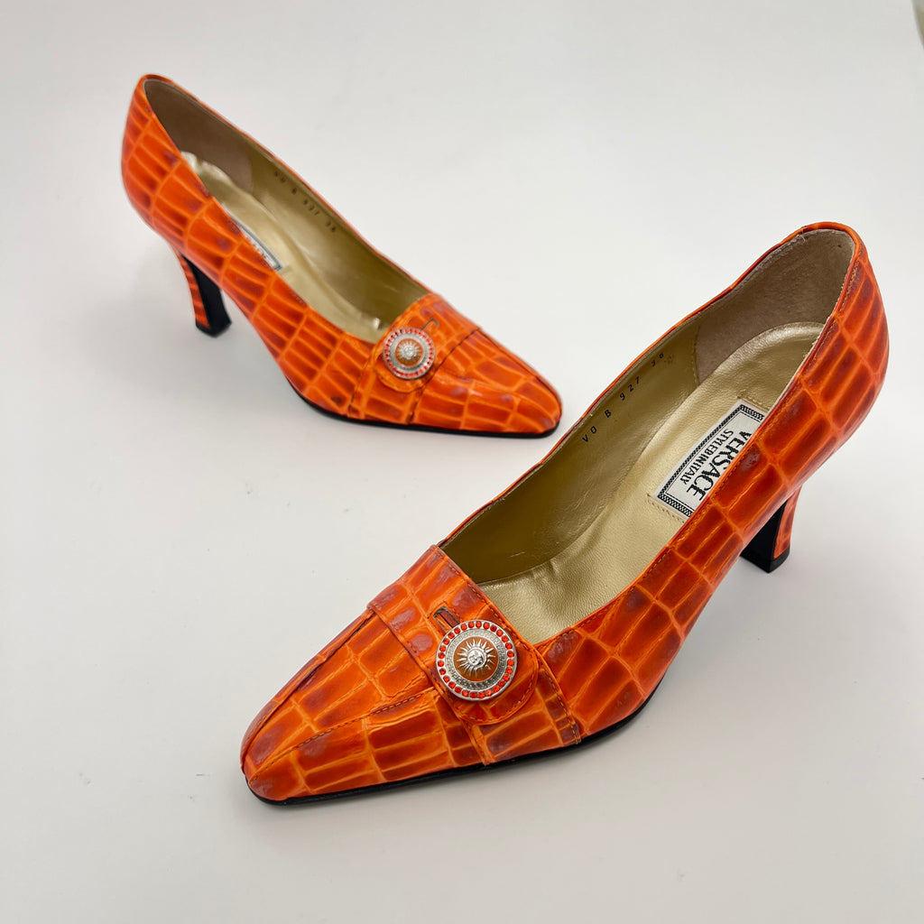 Versace | Vintage Orange Exotic Leather Sun Dial Rhinestone Pumps (36)
