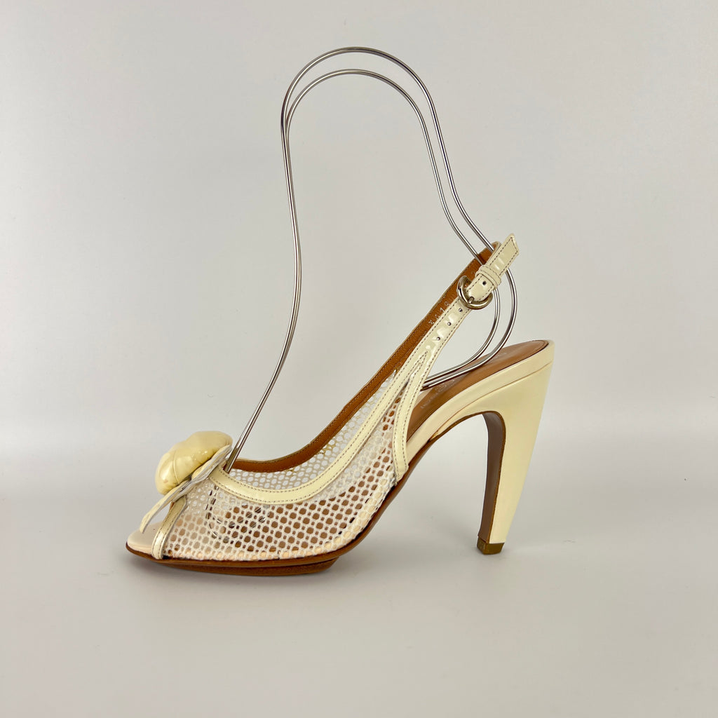 Sergio Rossi | White Beige Leather Flower Net Slingback Peep Toe Heels (34.5)