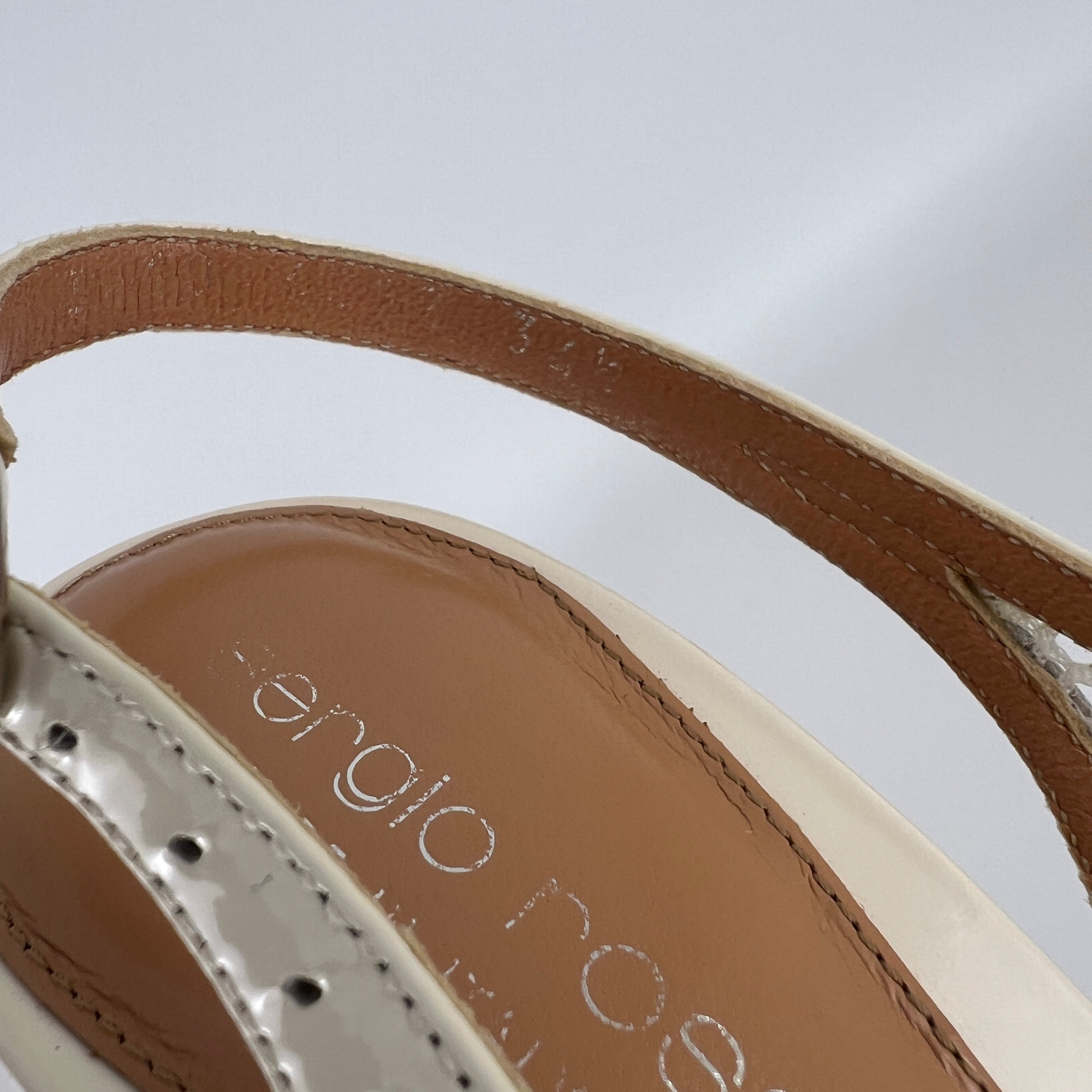 Sergio Rossi | White Beige Leather Flower Net Slingback Peep Toe Heels (34.5)