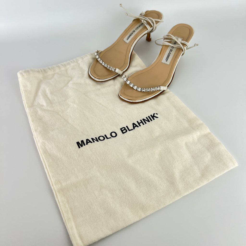 Manolo Blahnik | White Leather Crystal Strap Lace Up Sandal Heels (34.5)