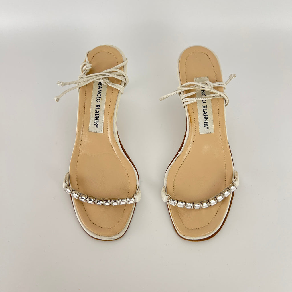 Manolo Blahnik | White Leather Crystal Strap Lace Up Sandal Heels (34.5)