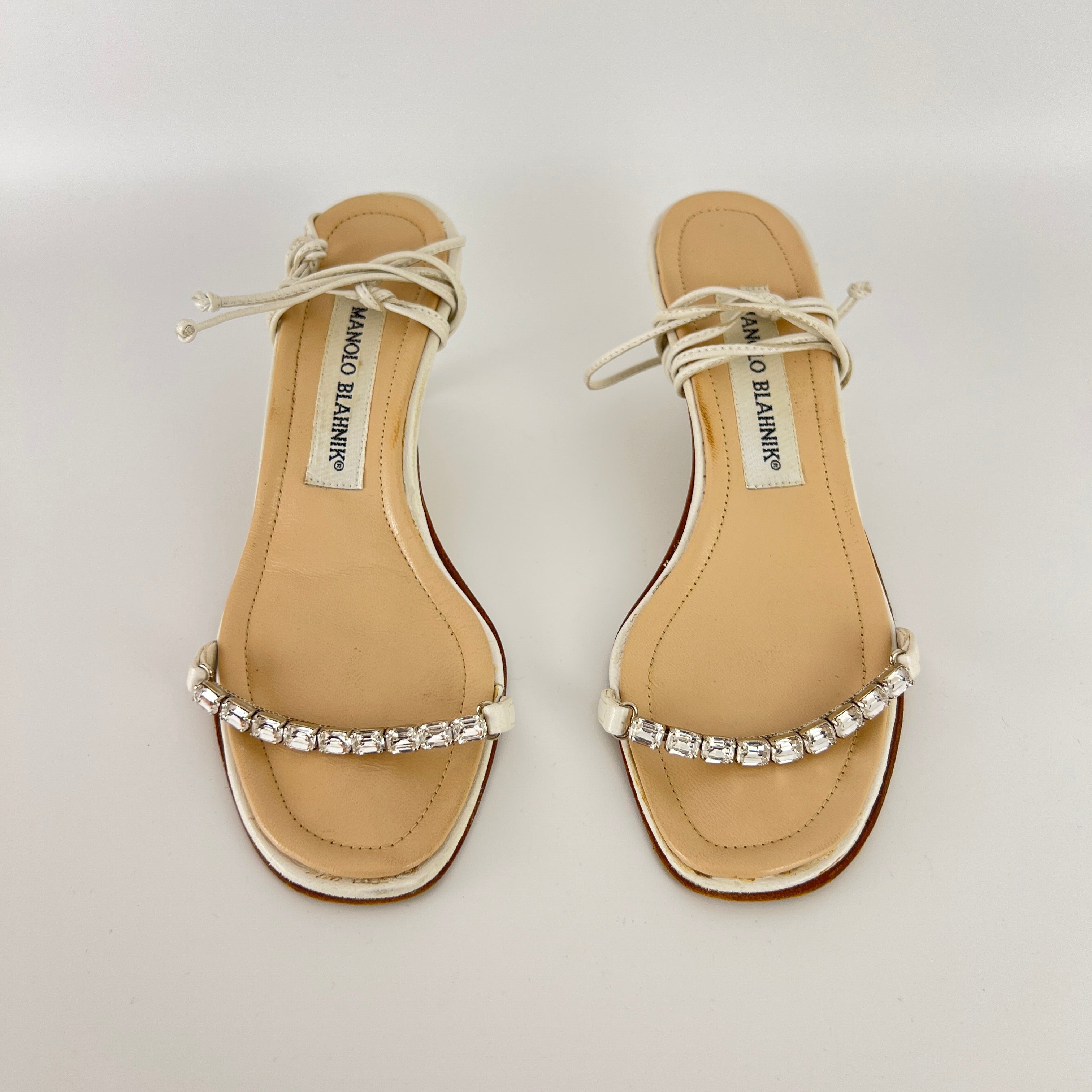 Manolo Blahnik | White Leather Crystal Strap Lace Up Sandal Heels (34.5)