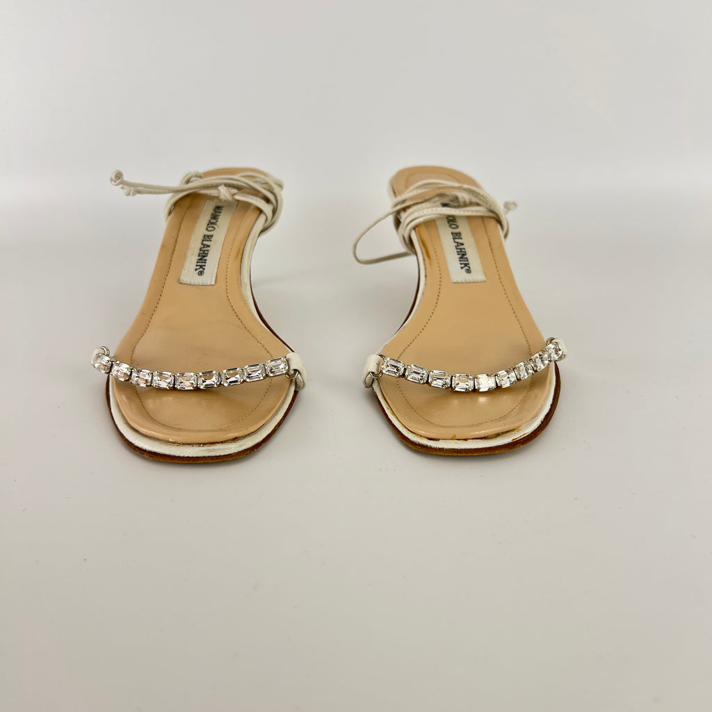 Manolo Blahnik | White Leather Crystal Strap Lace Up Sandal Heels (34.5)