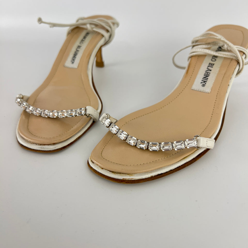 Manolo Blahnik | White Leather Crystal Strap Lace Up Sandal Heels (34.5)