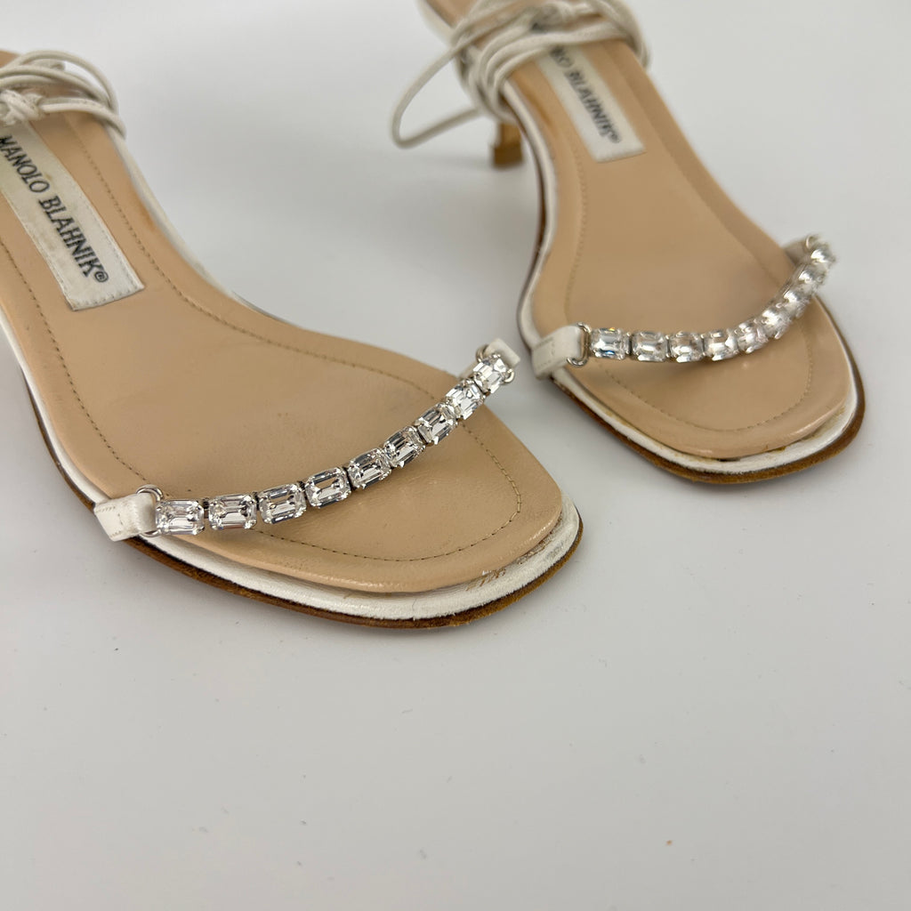 Manolo Blahnik | White Leather Crystal Strap Lace Up Sandal Heels (34.5)