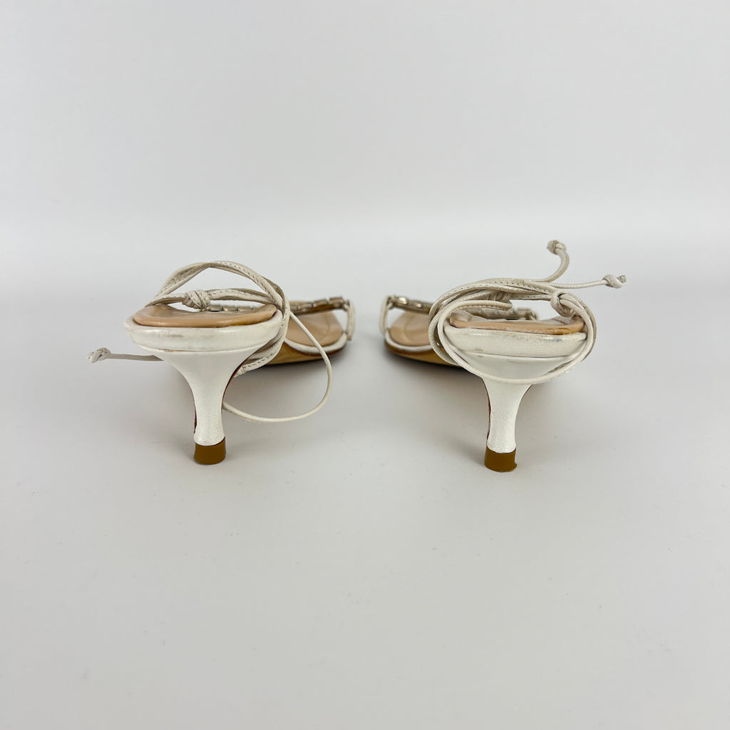 Manolo Blahnik | White Leather Crystal Strap Lace Up Sandal Heels (34.5)