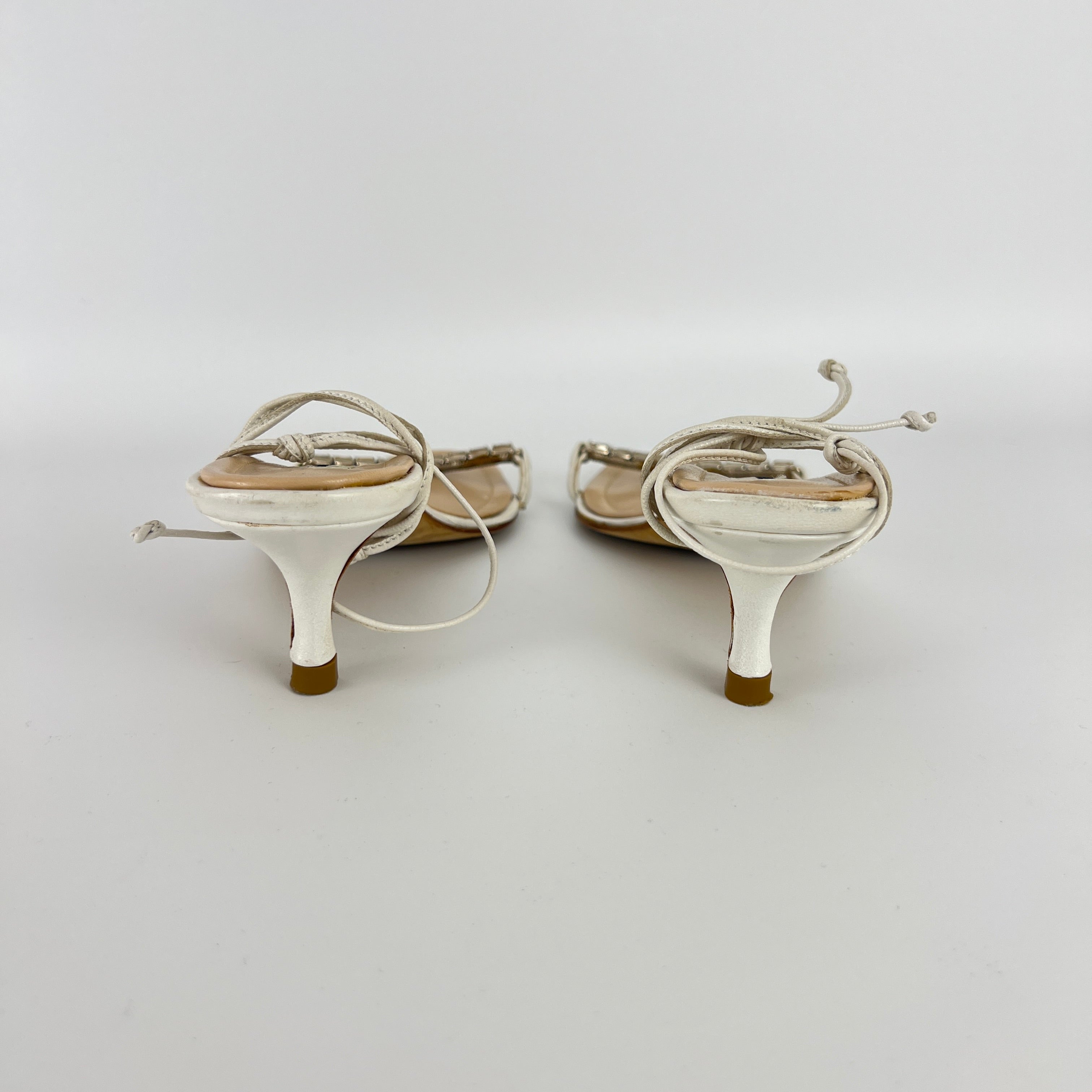 Manolo Blahnik | White Leather Crystal Strap Lace Up Sandal Heels (34.5)