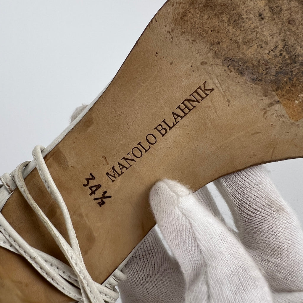 Manolo Blahnik | White Leather Crystal Strap Lace Up Sandal Heels (34.5)