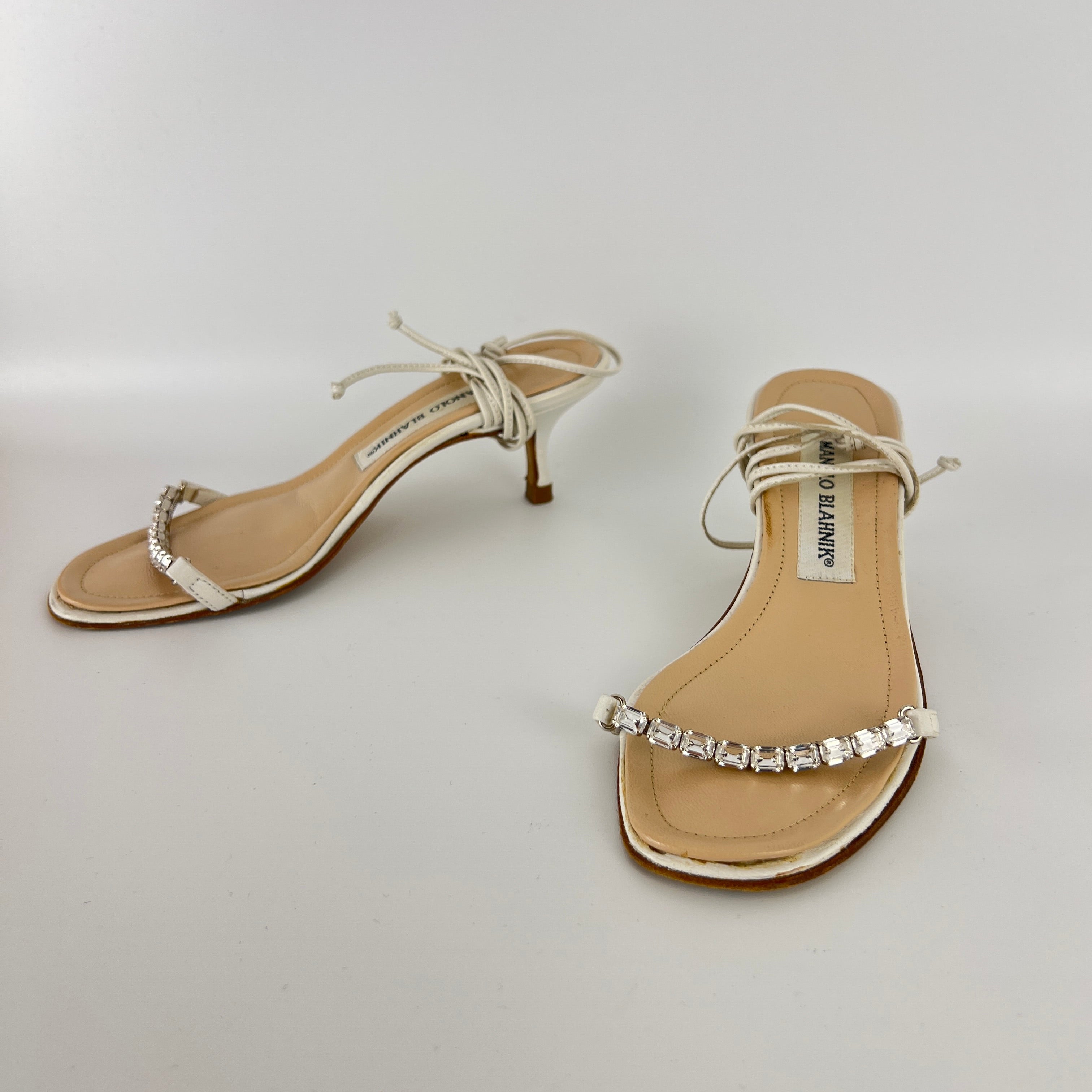 Manolo Blahnik | White Leather Crystal Strap Lace Up Sandal Heels (34.5)