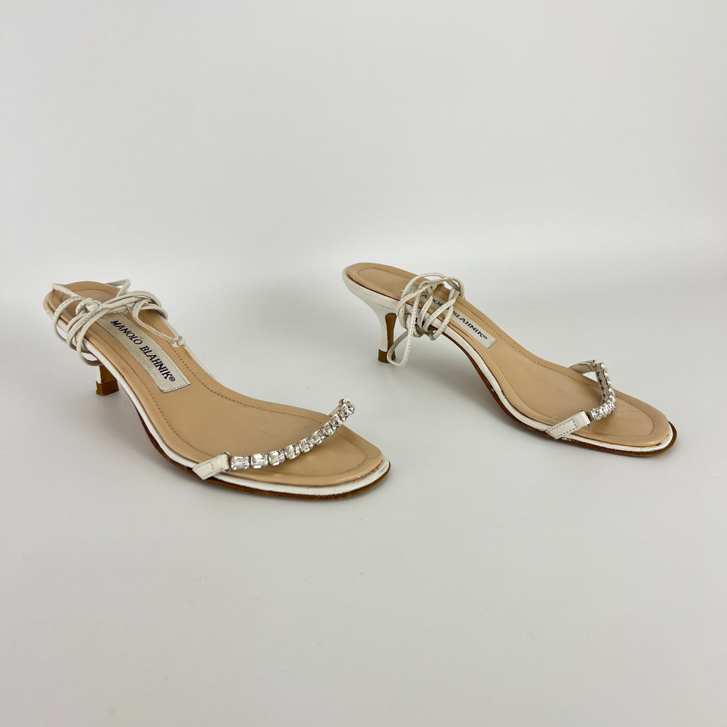 Manolo Blahnik | White Leather Crystal Strap Lace Up Sandal Heels (34.5)