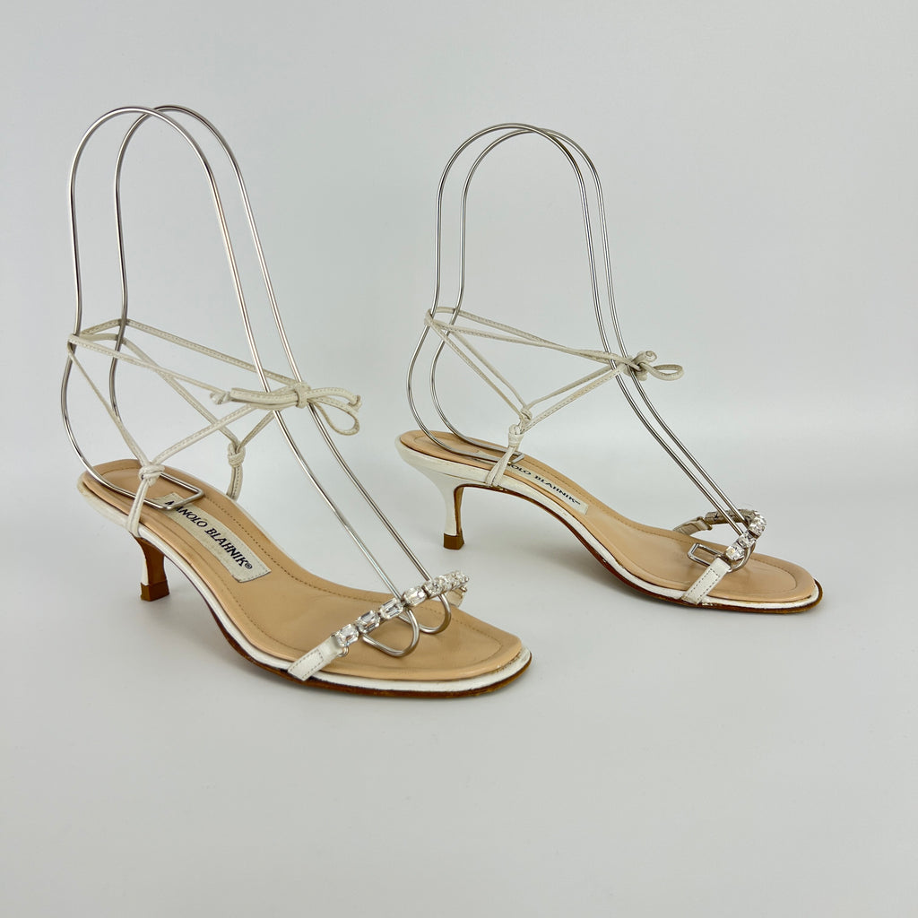 Manolo Blahnik | White Leather Crystal Strap Lace Up Sandal Heels (34.5)