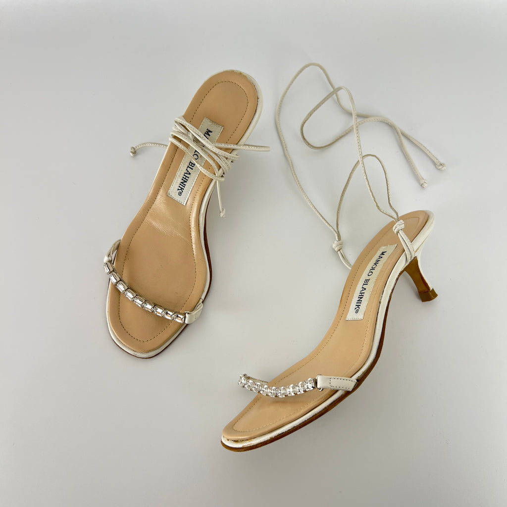 Manolo Blahnik | White Leather Crystal Strap Lace Up Sandal Heels (34.5)