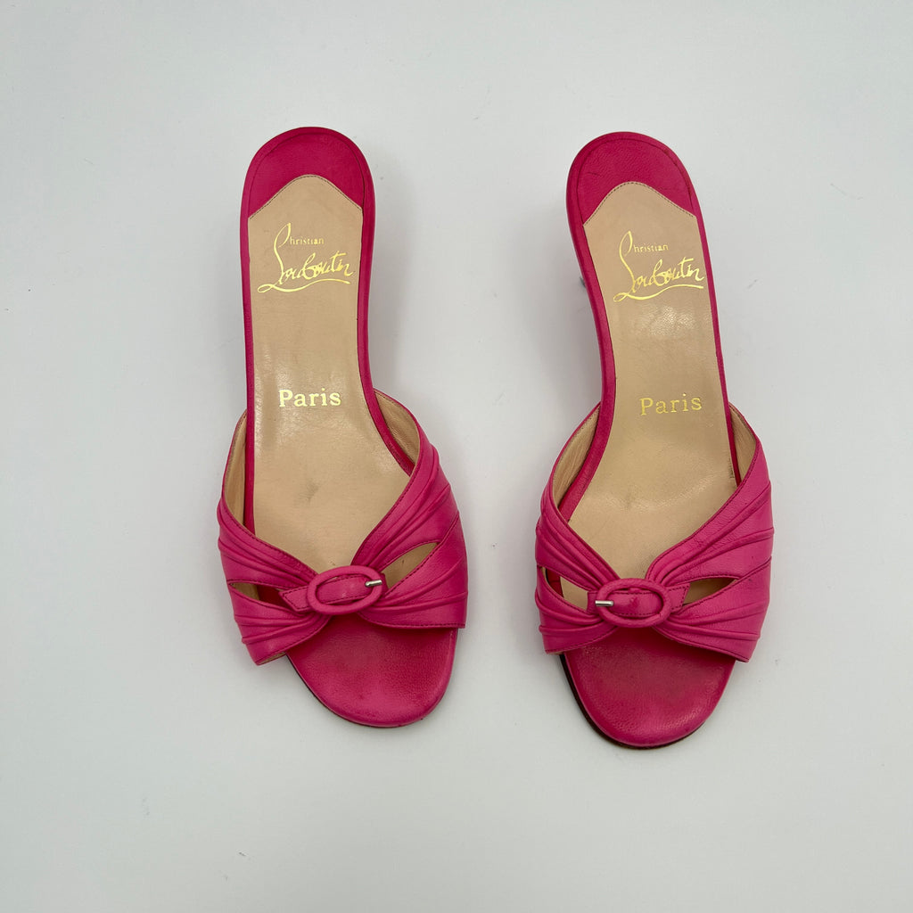 Louboutin | Hot Pink Leather Buckle Strappy Sandal Mules (37)