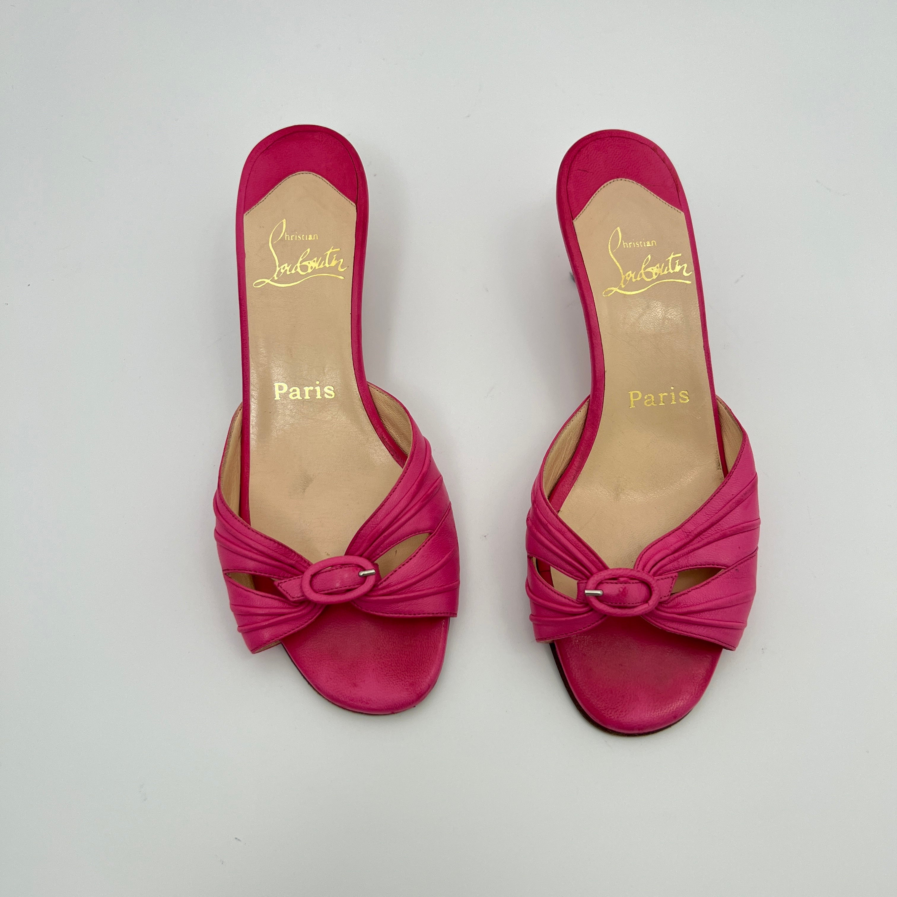 Louboutin | Hot Pink Leather Buckle Strappy Sandal Mules (37)