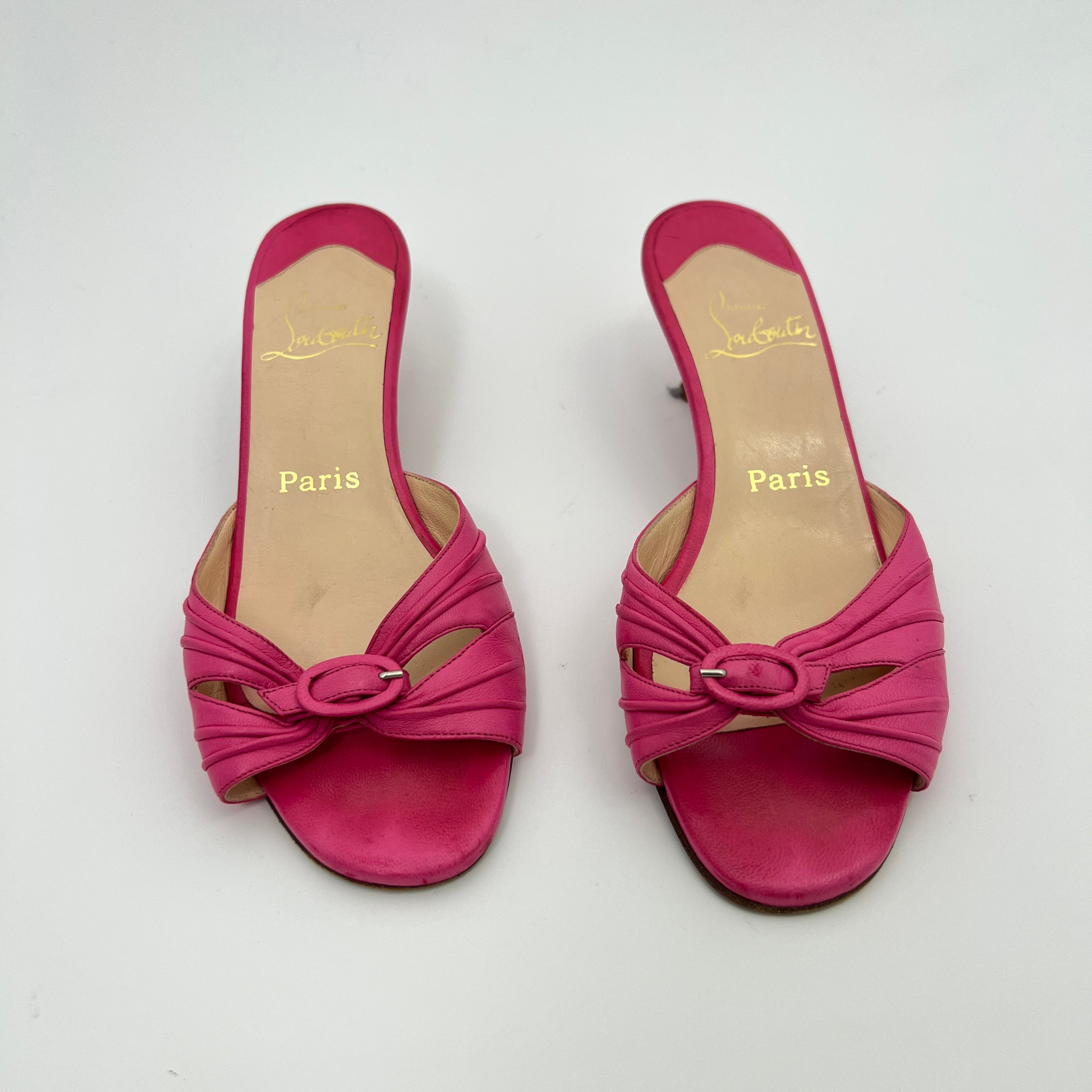 Louboutin | Hot Pink Leather Buckle Strappy Sandal Mules (37)