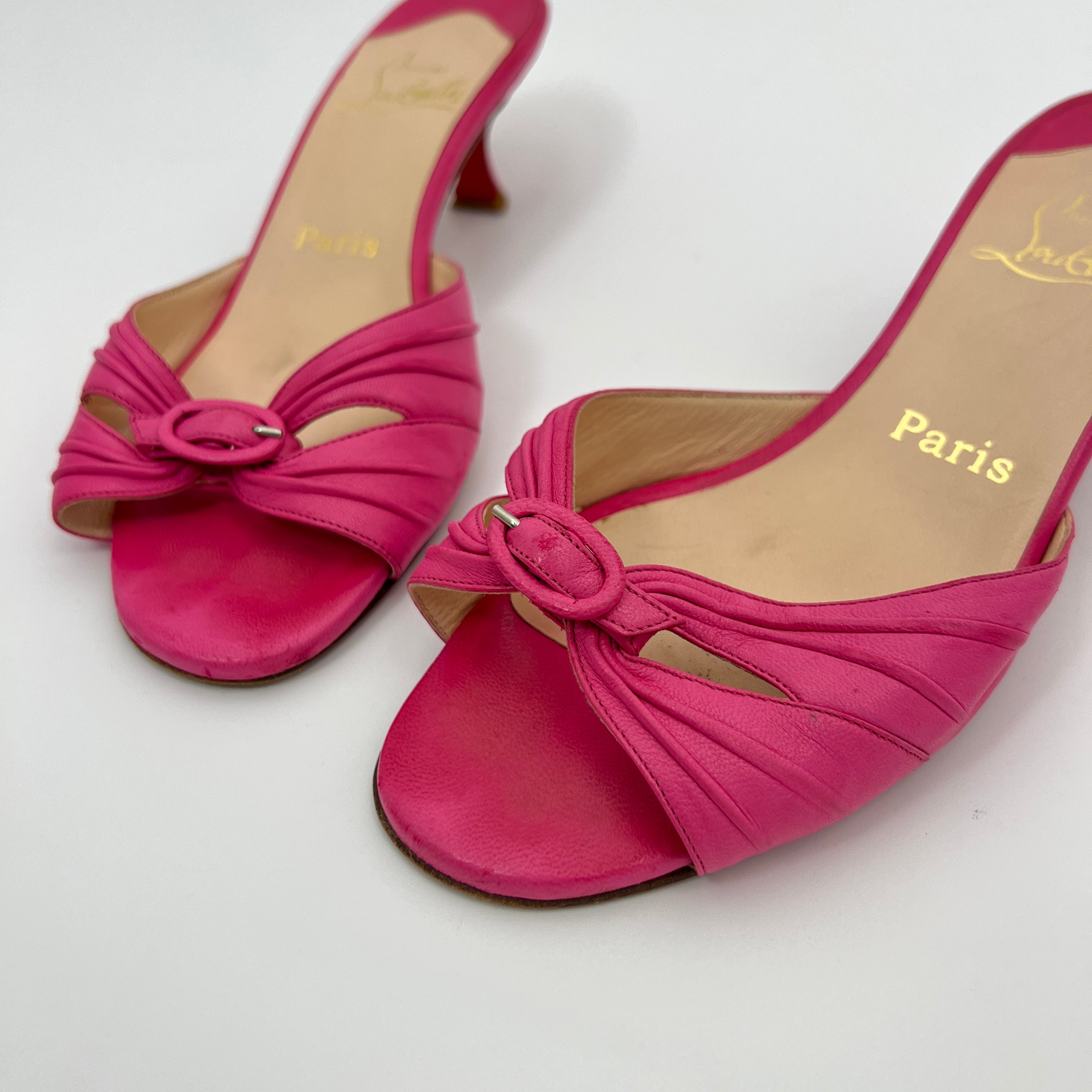 Louboutin | Hot Pink Leather Buckle Strappy Sandal Mules (37)