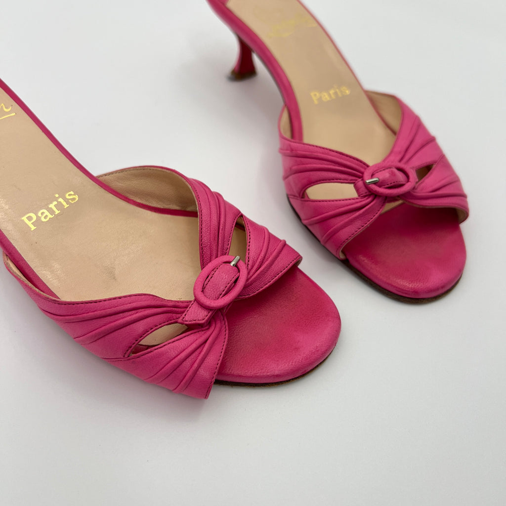 Louboutin | Hot Pink Leather Buckle Strappy Sandal Mules (37)