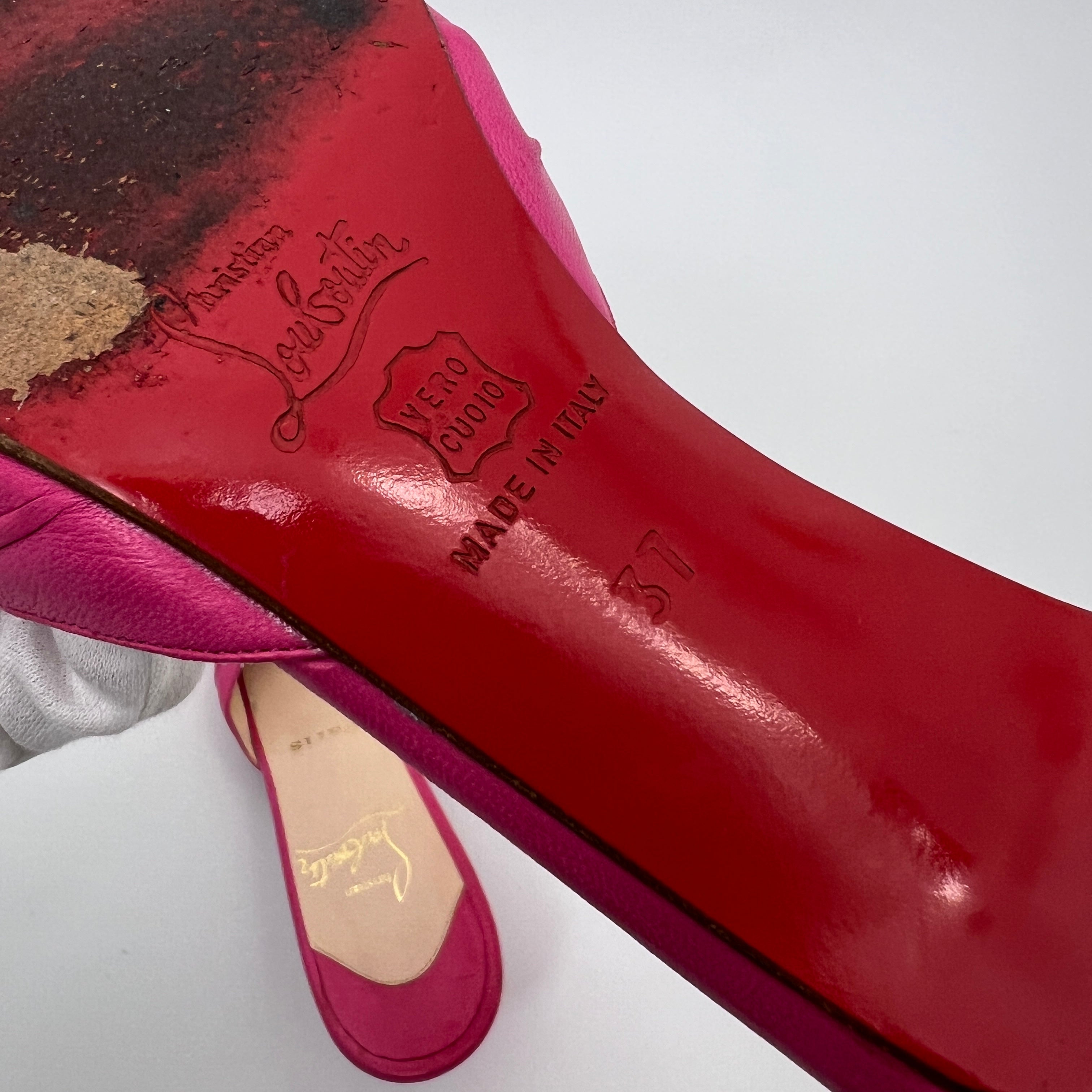 Louboutin | Hot Pink Leather Buckle Strappy Sandal Mules (37)